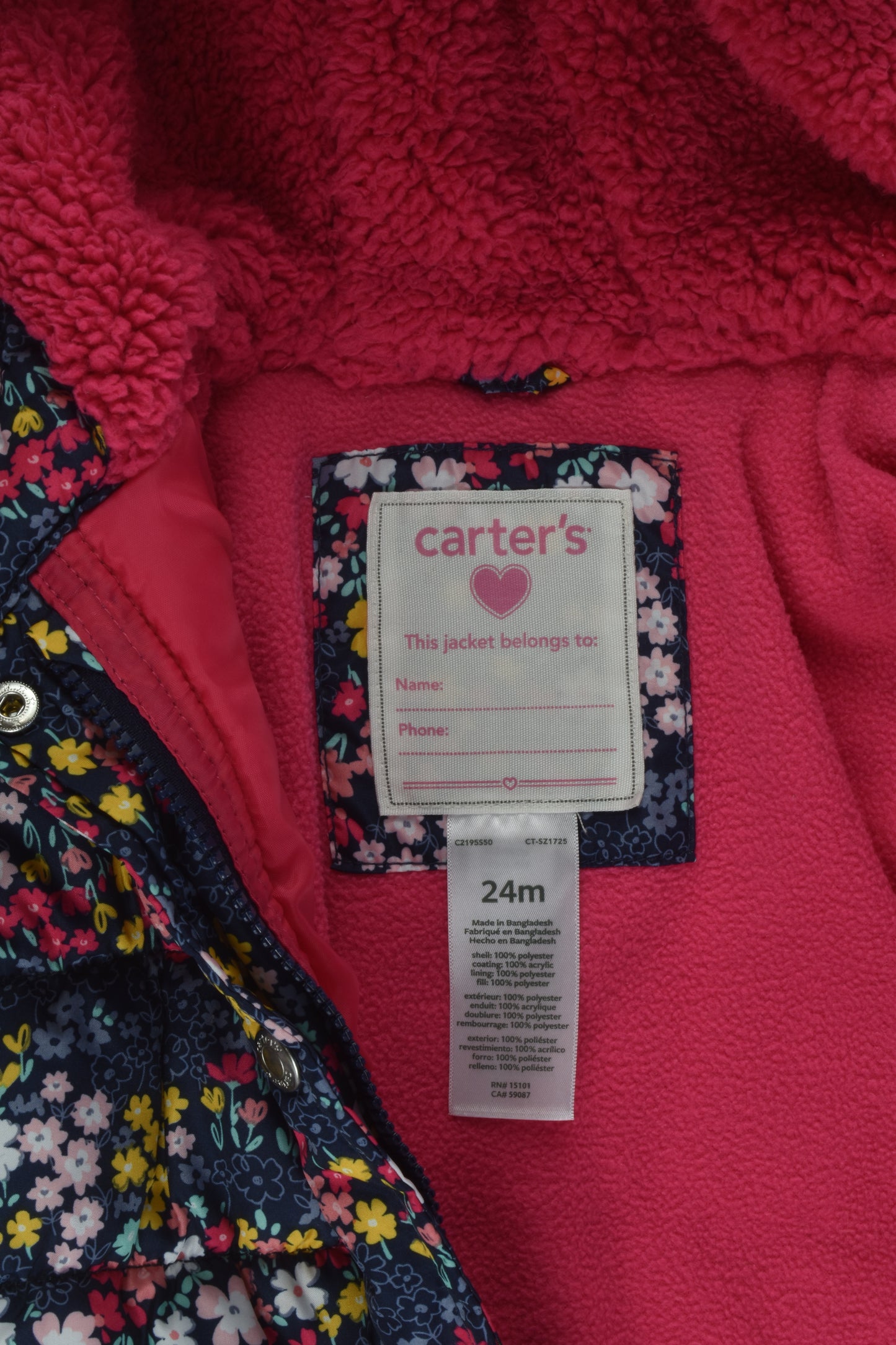 Carter's Size 2 Warm Fleece Lined Puffer Jacket