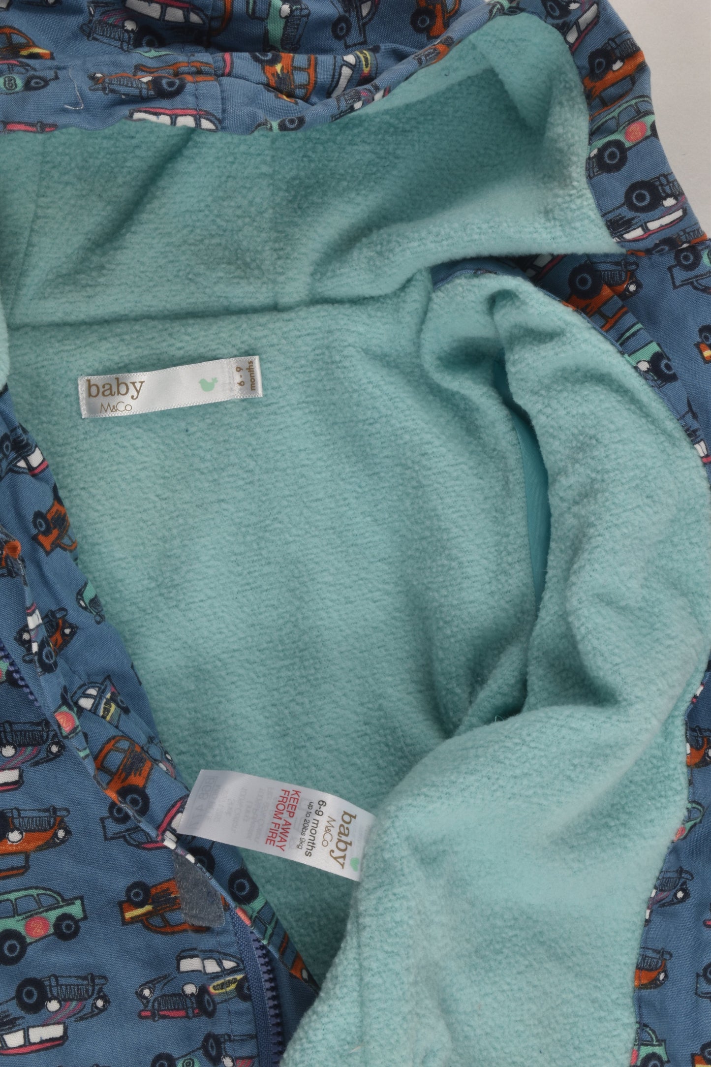 Baby M&Co Size 0 (6-9 months) Fleece Lined Cars Jacket