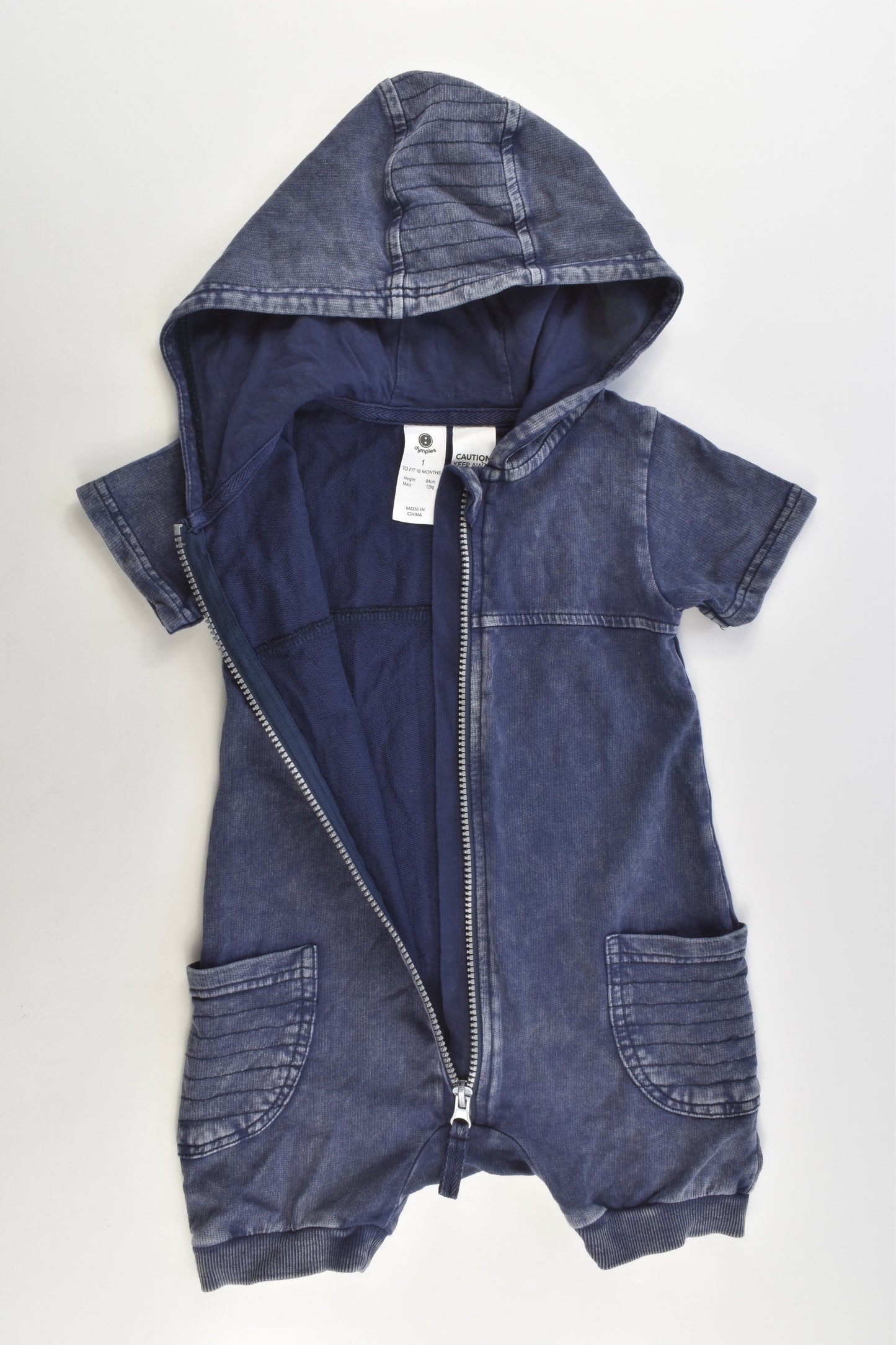 Dymples Size 1 (18 months, 84 cm) Denim-like Short Hooded Onesie