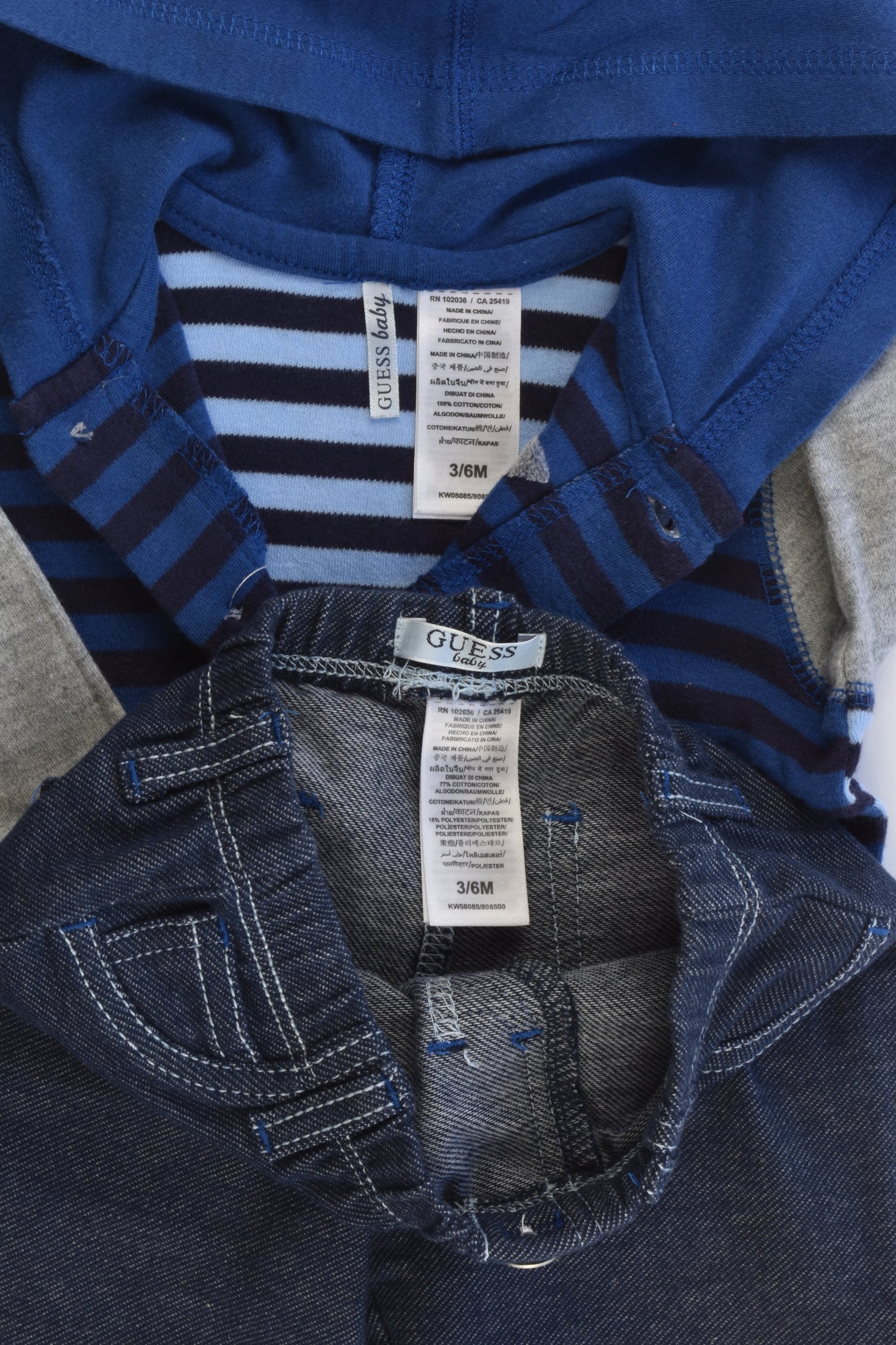 Guess Baby Size 00 (3/6 months) Striped Hooded Jumper and Stertchy Denim-like Pants