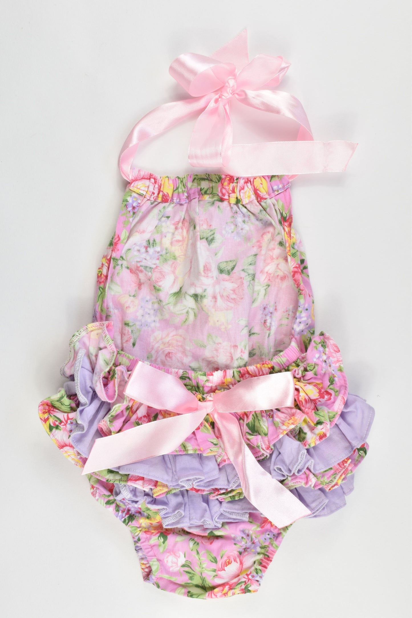 Hand Made Size approx 00 Floral Playsuit with Ruffle and Bow at the back