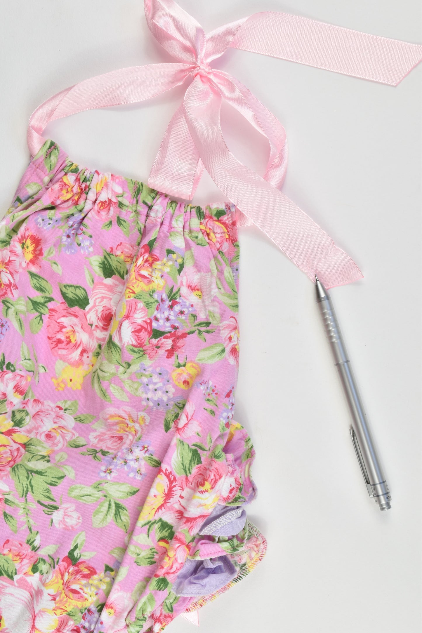 Hand Made Size approx 00 Floral Playsuit with Ruffle and Bow at the back