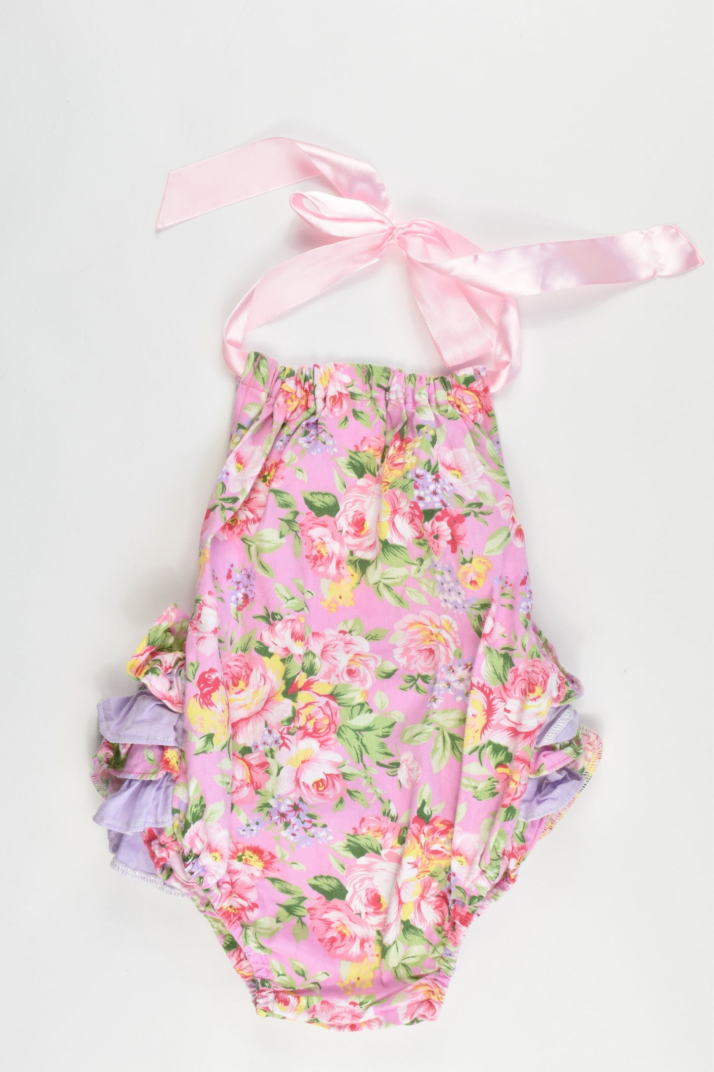 Hand Made Size approx 00 Floral Playsuit with Ruffle and Bow at the back