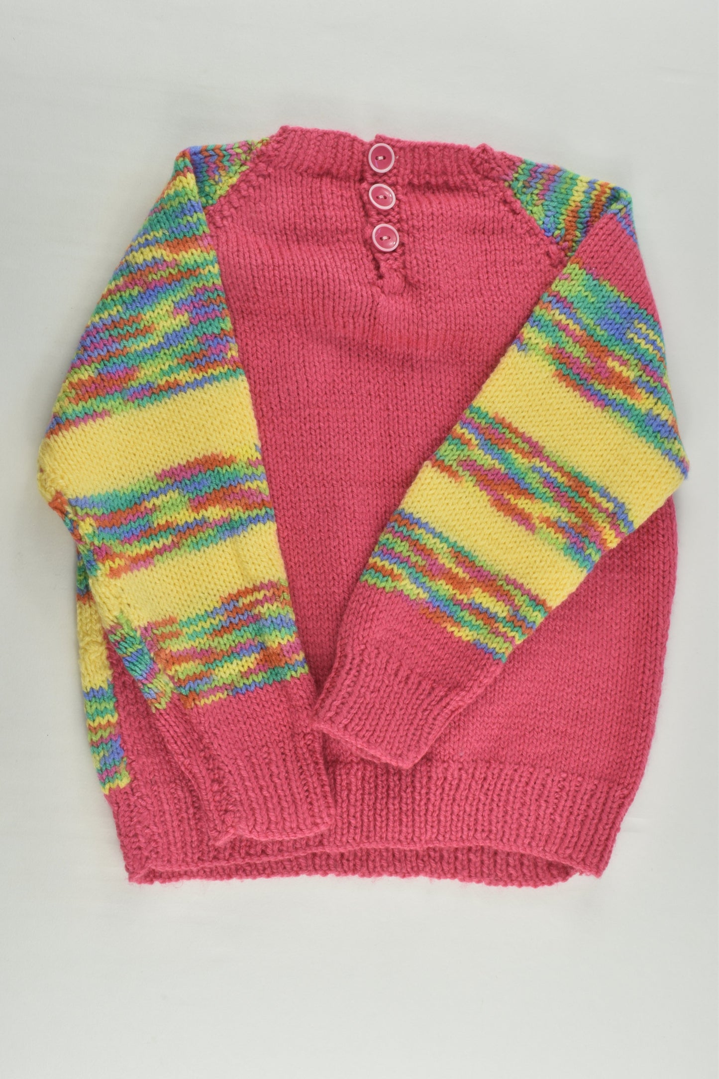 Handmade Size approx 3-4 Pink and Rainbow Stripes Knitted Jumper