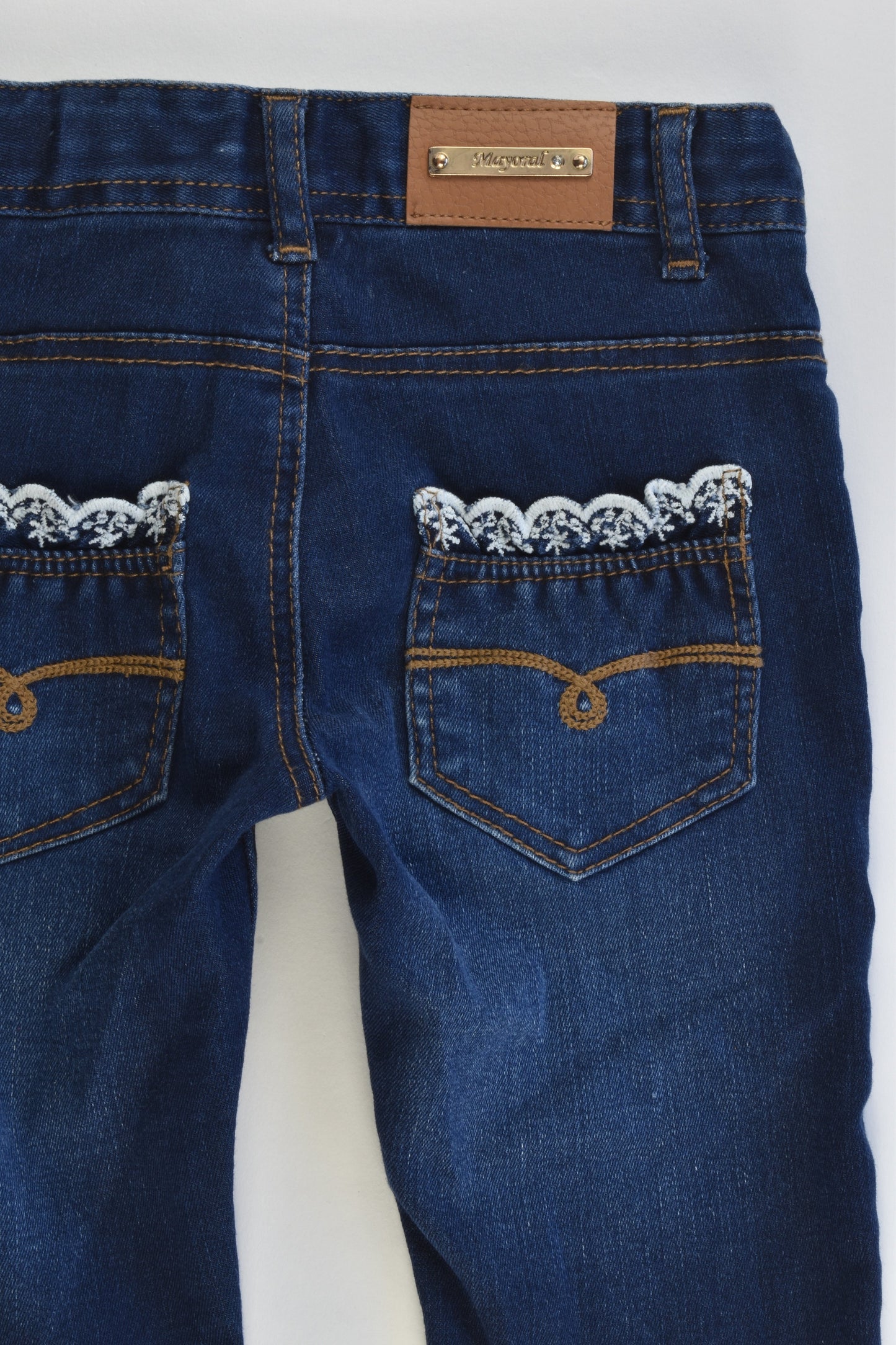 Mayoral (Spain) Size 0 (9 months,74 cm) Stretchy Denim Pants with Lace Details