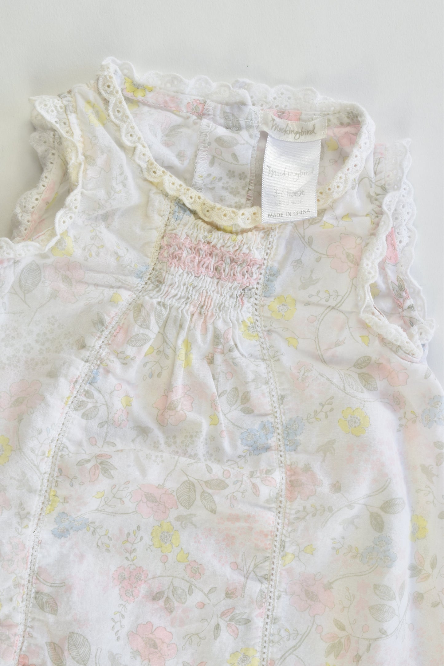 Mockingbird Size 3-6 months Floral Summer Romper with Lace Details