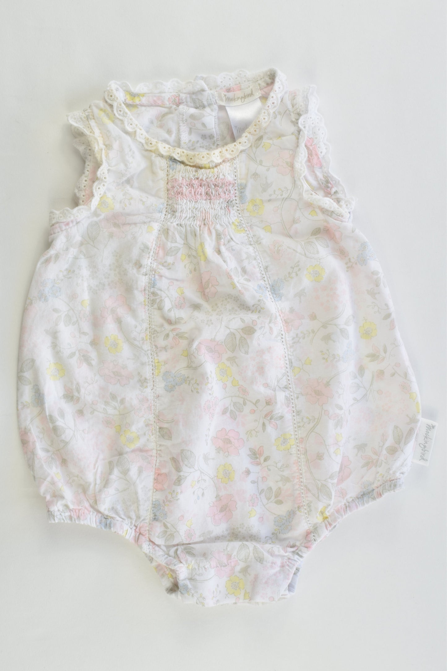Mockingbird Size 3-6 months Floral Summer Romper with Lace Details