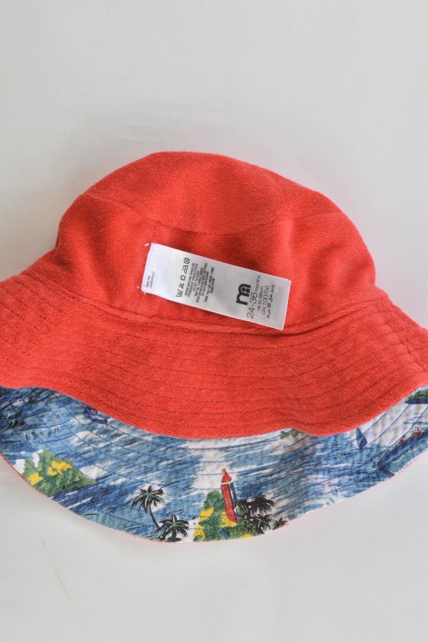 Mothercare Size 24-36 months (2-3) Reversible Sea/Red Terry Bucket Hat