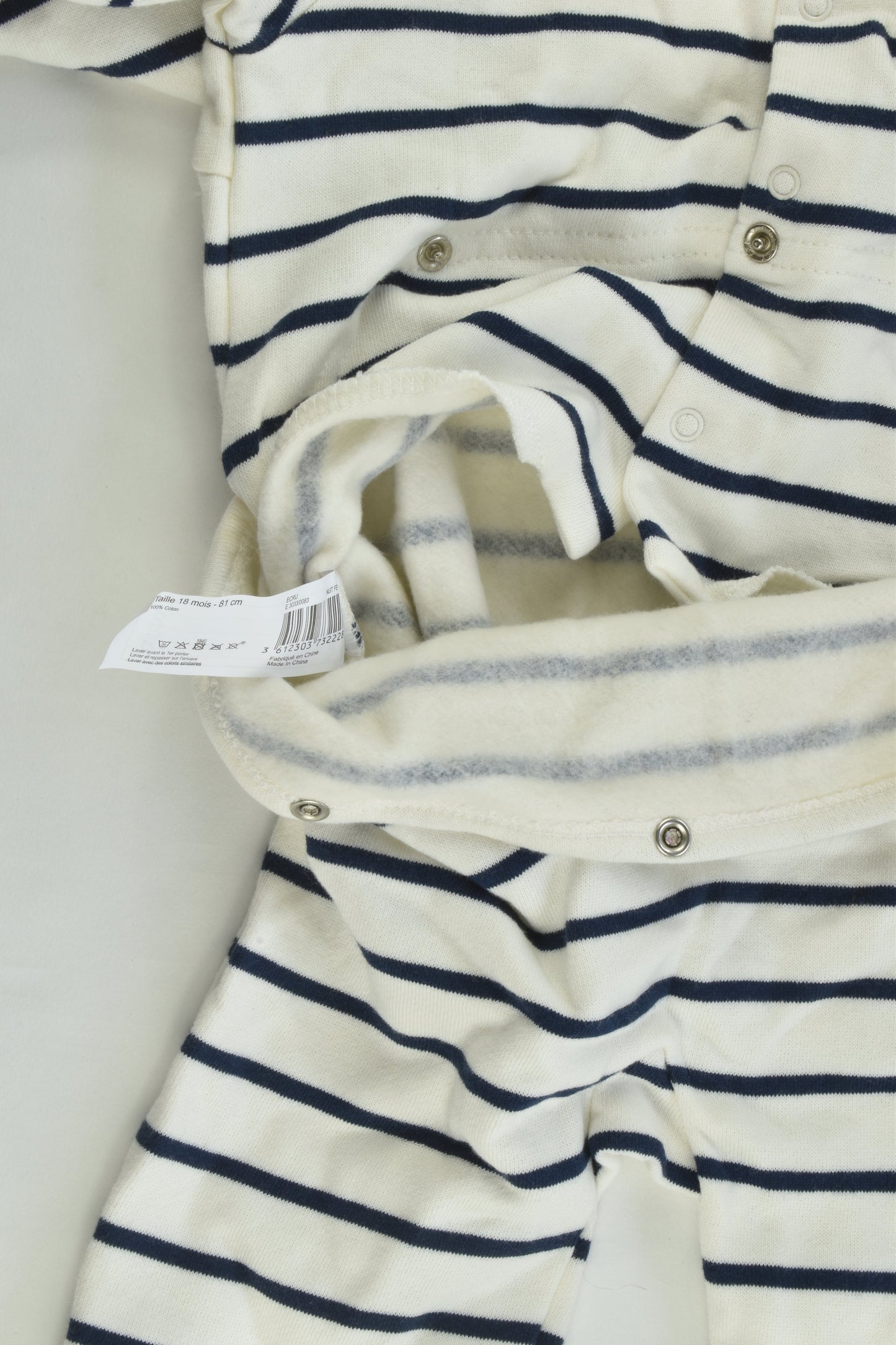 NEW Bout'Chou (France) Size 0-1 (18 months, 81 cm) 'Petit Bolide' Striped Footed Romper