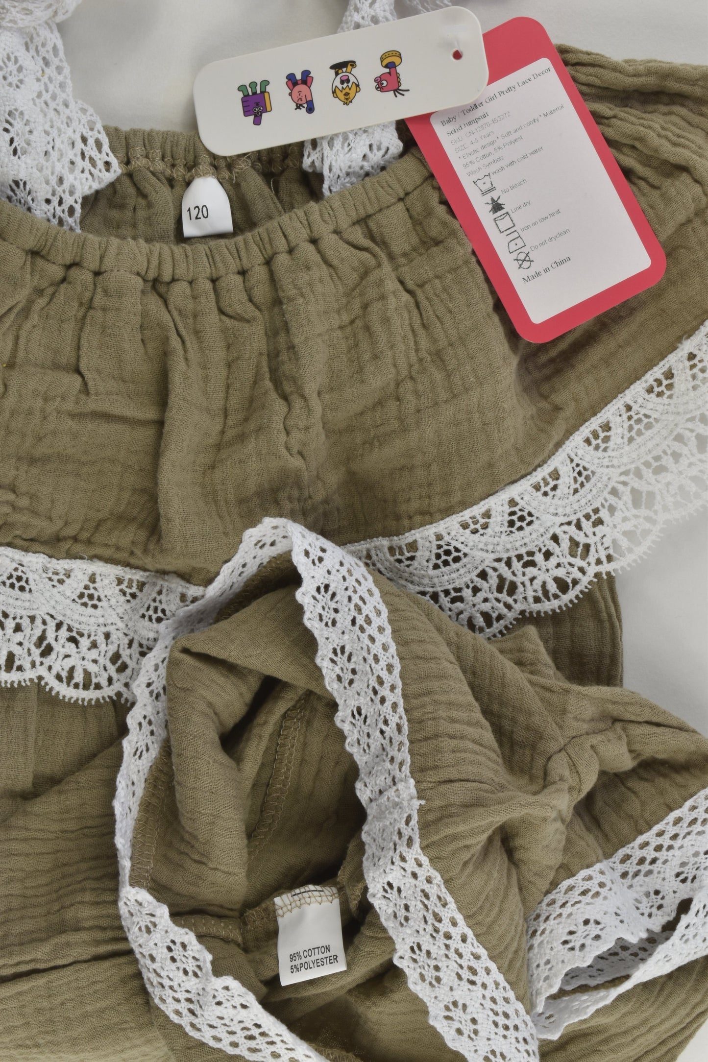 NEW Brand Unknown Size 4-5 Lace Detail Beige Muslin Playsuit