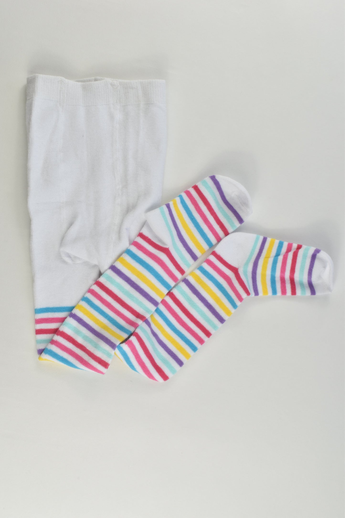NEW Brand Unknown Size approx 2-3 White/Rainbow Stripes Footed Tights