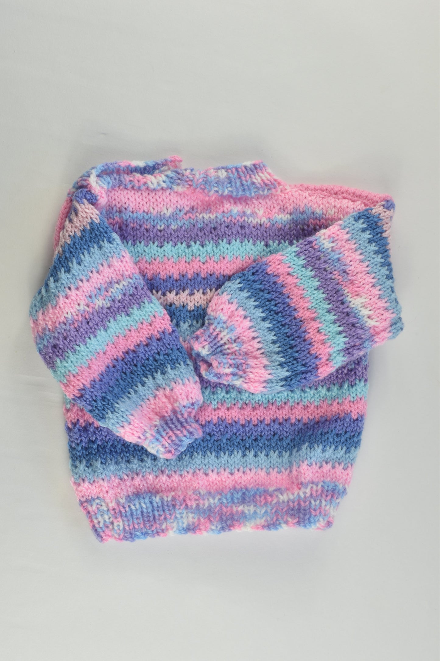 NEW Handmade Size approx 00-0 Blue and Pink Mix Knitted Jumper