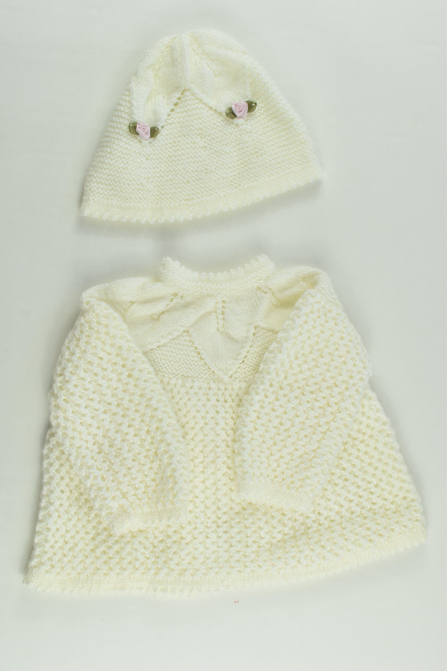 NEW Handmade Size approx 00-0 Rose Detail Knitted Cardigan and Beanie