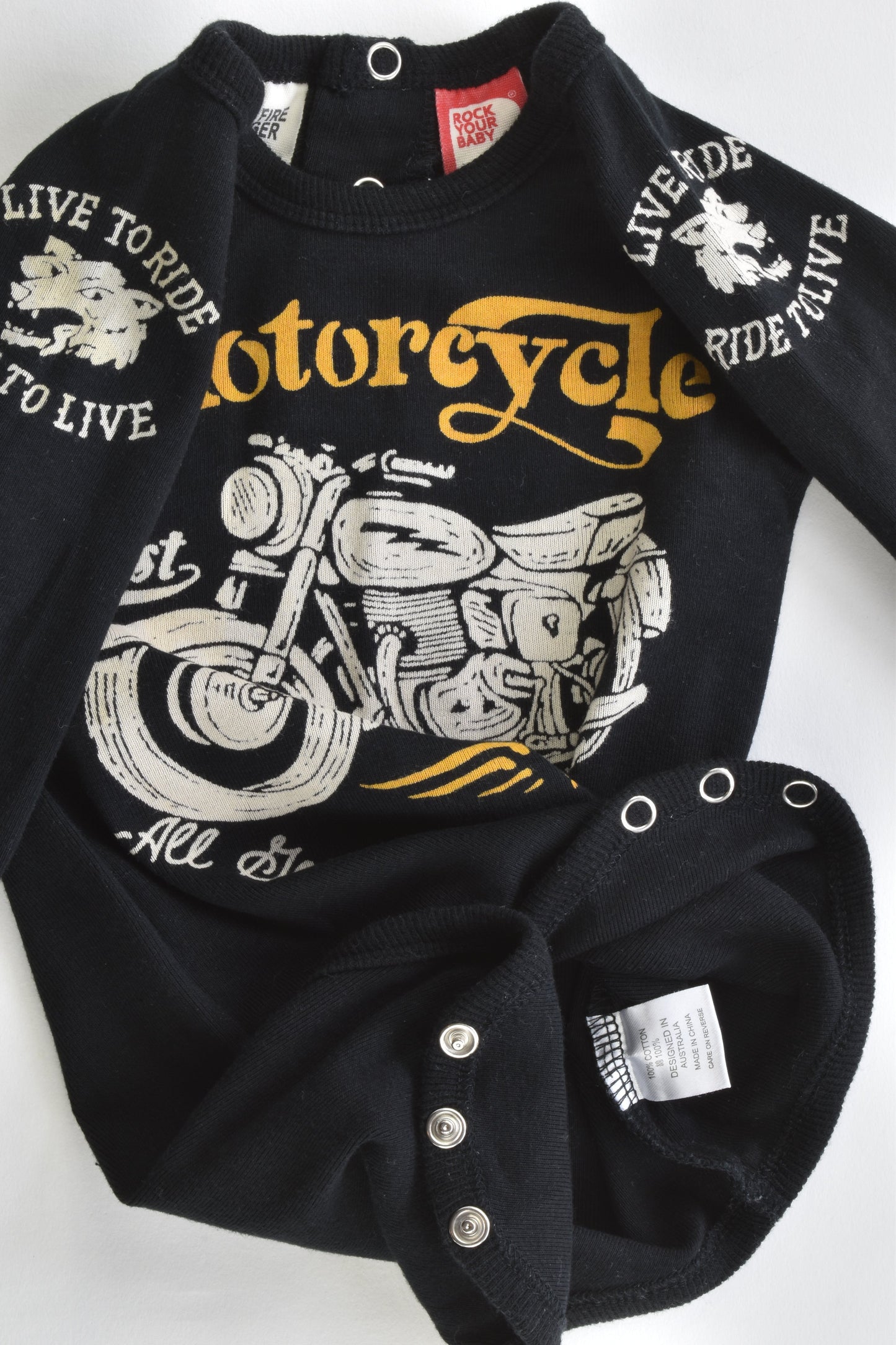 NEW Rock Your Baby Size 0 (6-12 months) Motorbike Bodysuit