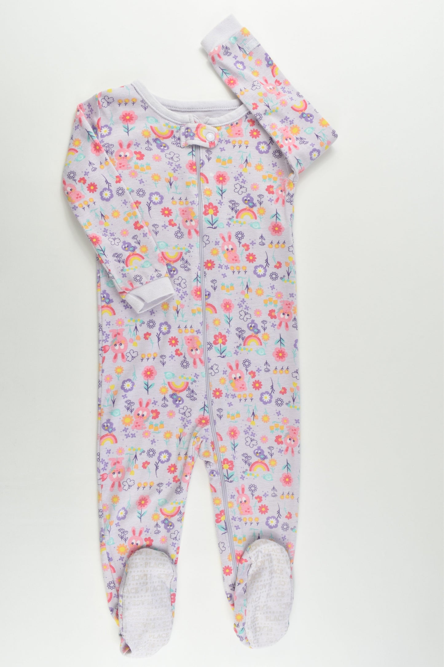 Place Size 1 (12-18 months) Bunnies and Rainbows Footed Romper