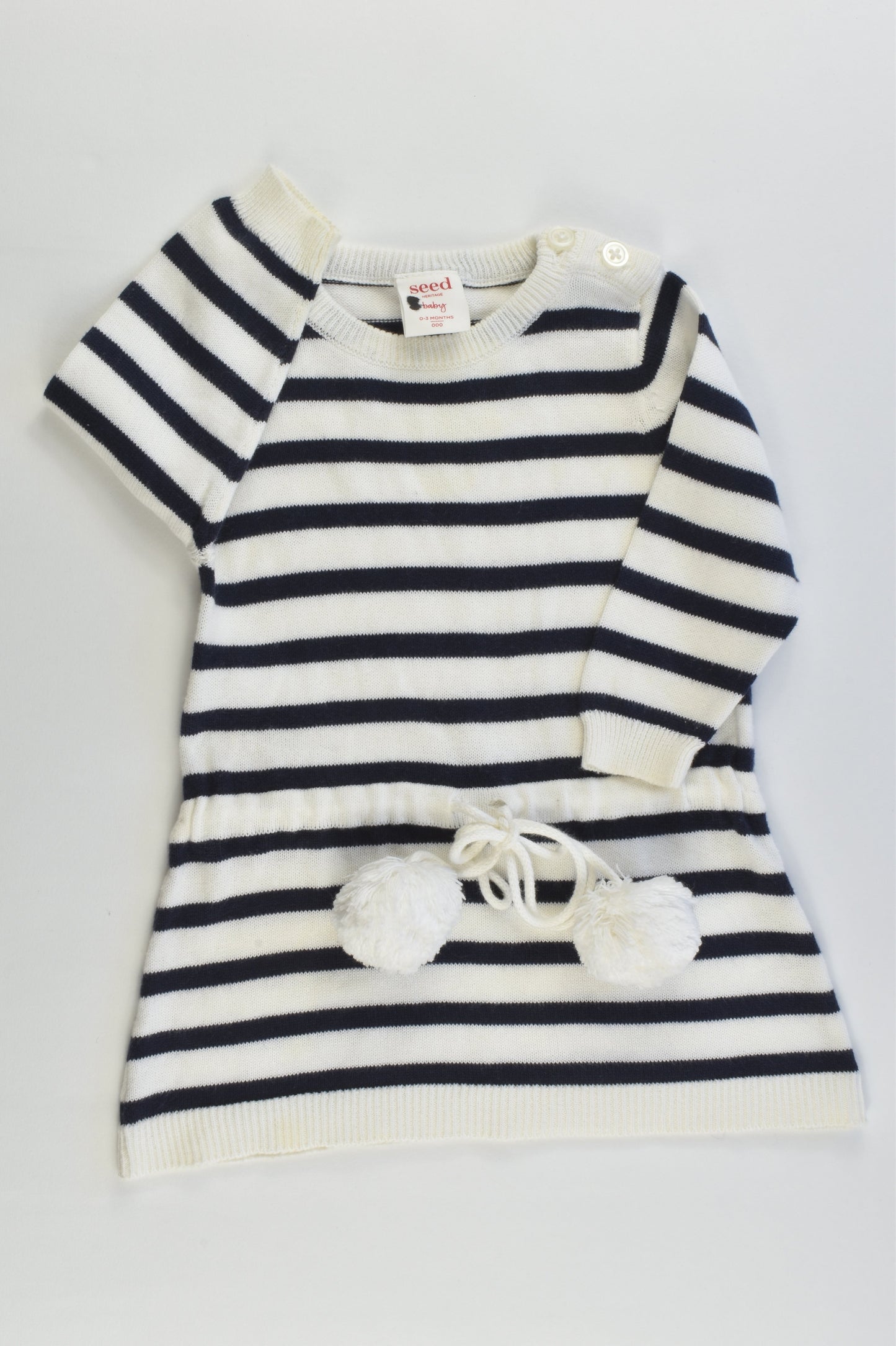 Seed Heritage Size 000 (0-3 months) Striped Knitted Dress with Pom Pom Belt