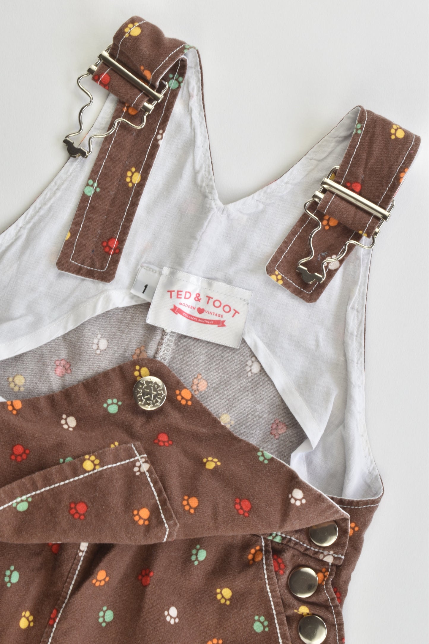 Ted & Toot (Australia) Size 1 Colorful Paw Prints Short Overalls