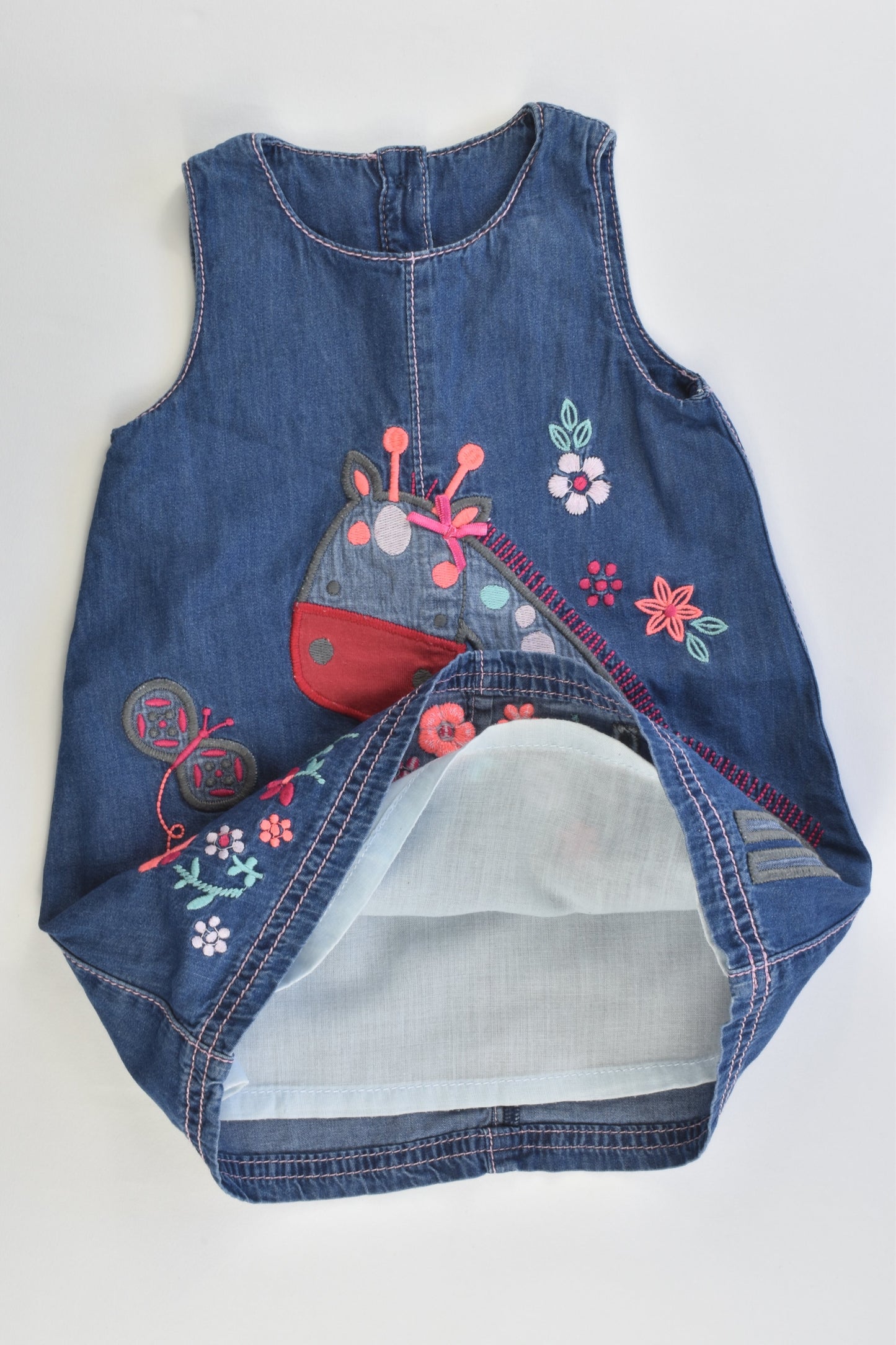 TU Size 0 (6-9 months, 68-74 cm) Lined Giraffe and Flowers Denim Dress