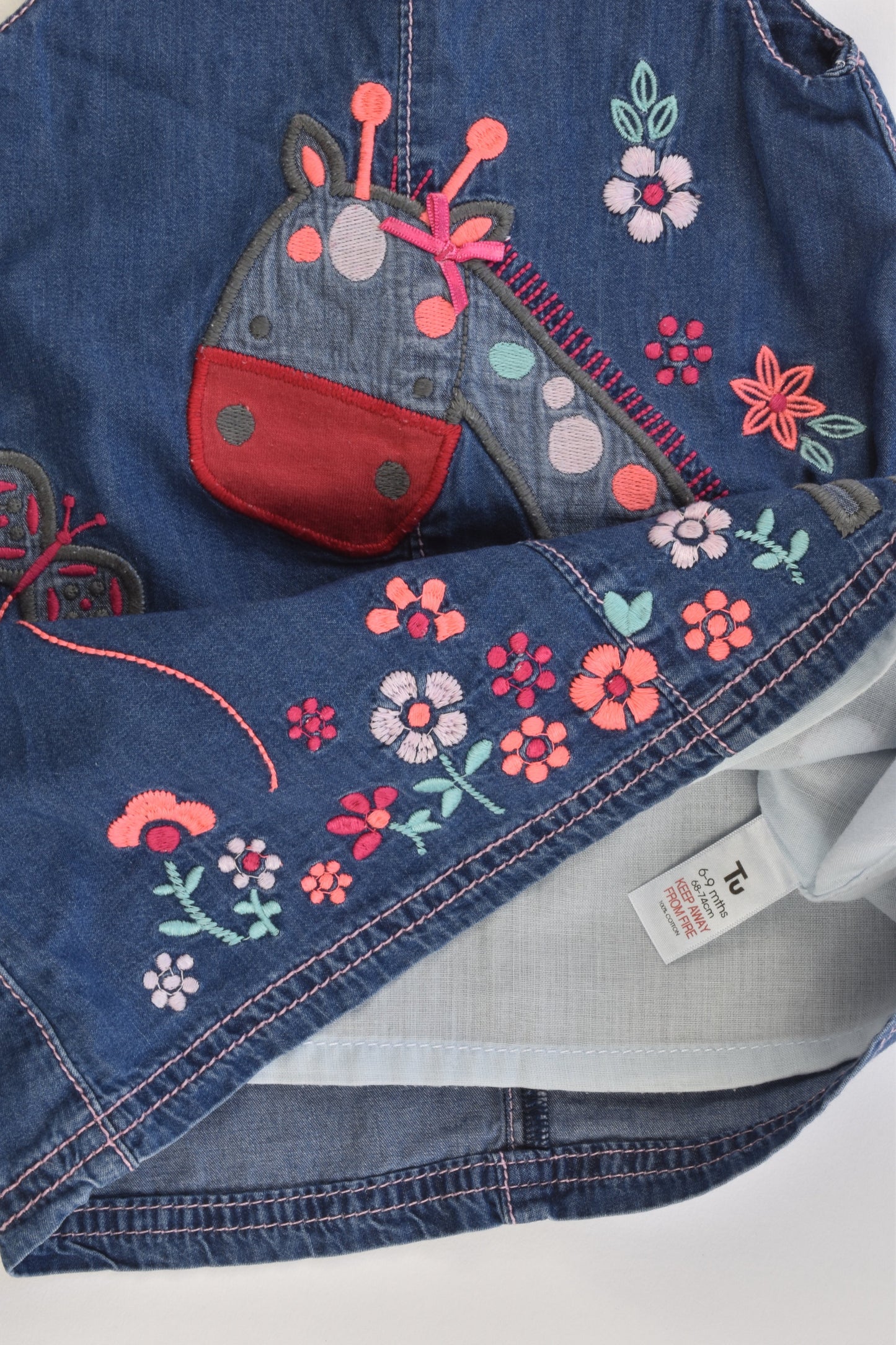TU Size 0 (6-9 months, 68-74 cm) Lined Giraffe and Flowers Denim Dress