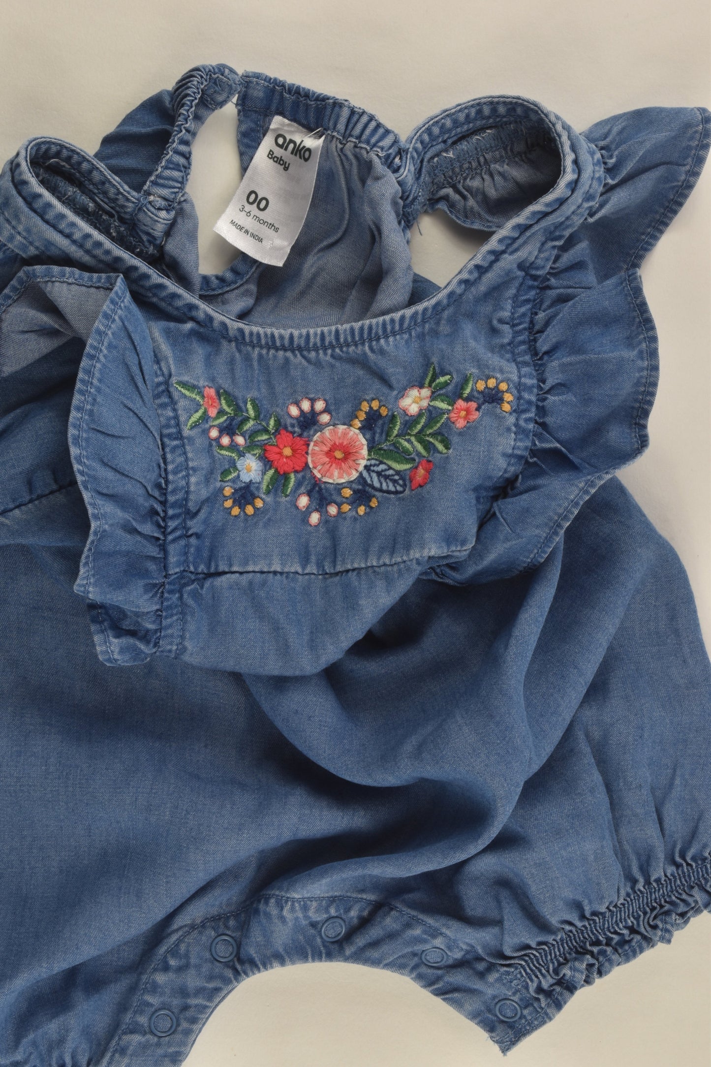 Anko Size 00 (3-6 months) Lightweight Denim Romper with Floral Embroidery