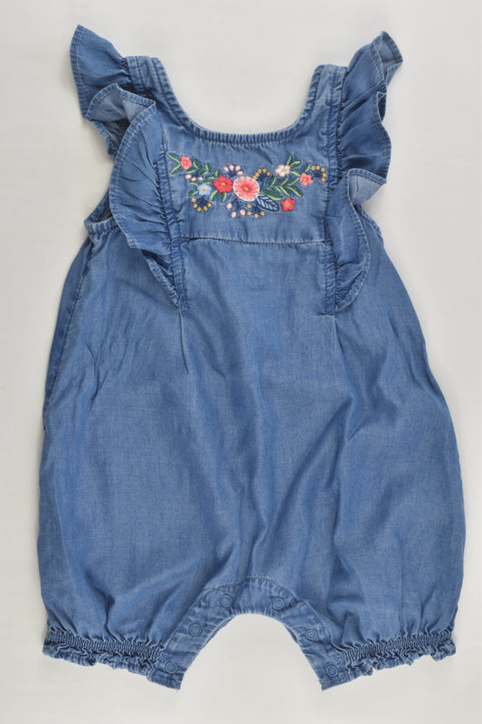 Anko Size 00 (3-6 months) Lightweight Denim Romper with Floral Embroidery
