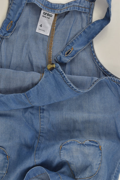 Anko Size 4 Lightweight Denim Love Heart Pockets Overalls
