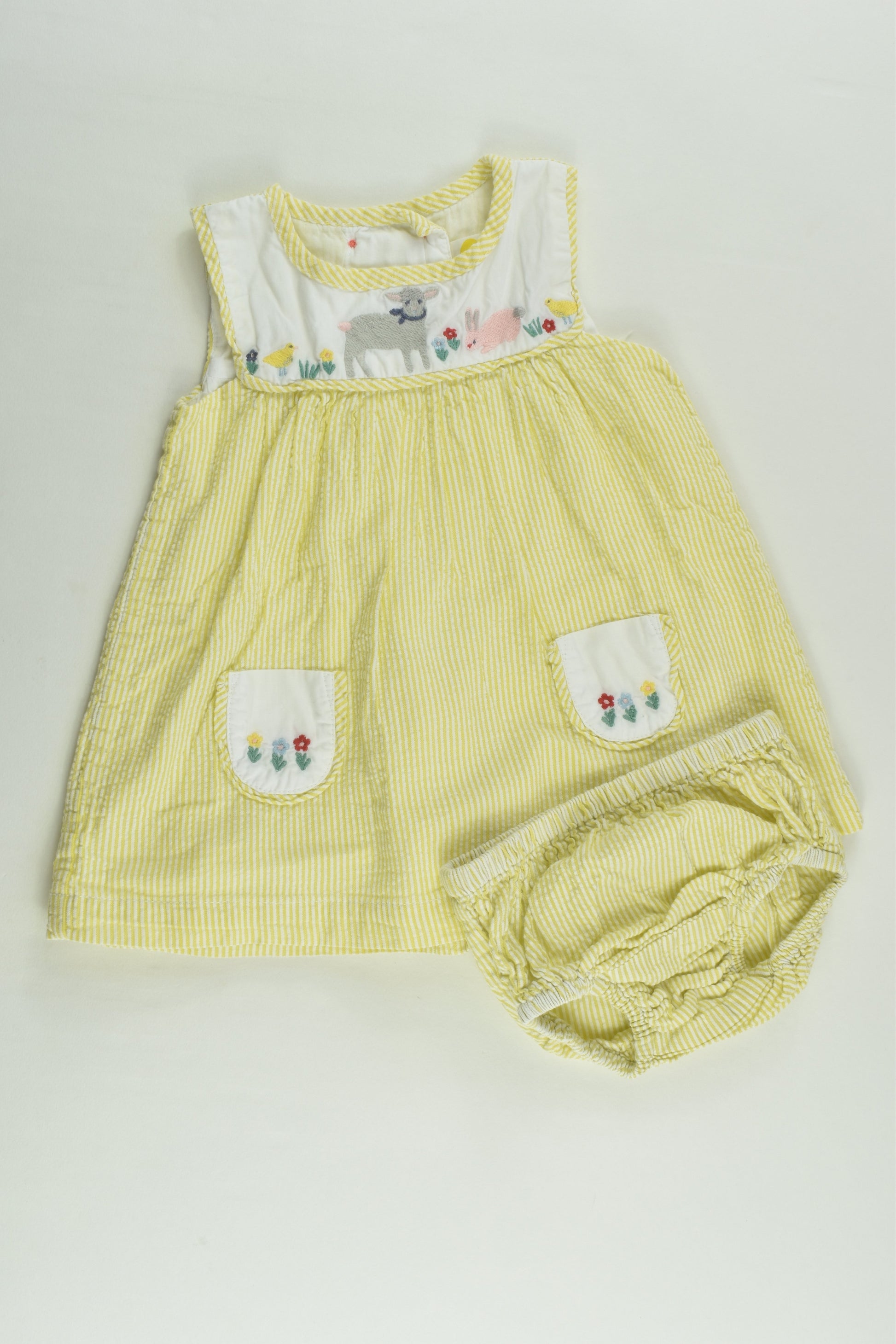 Baby Boden Size 000 (0-3 months, 62 cm) Lined Farm Animals Dress with Matching Bloomers
