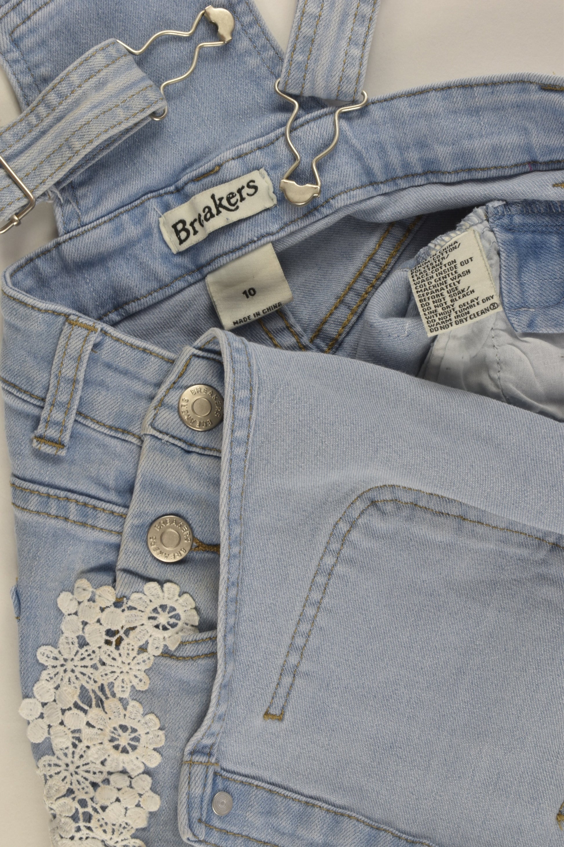Breakers Size 10 Stretchy Short Denim Overalls with Lace Detail