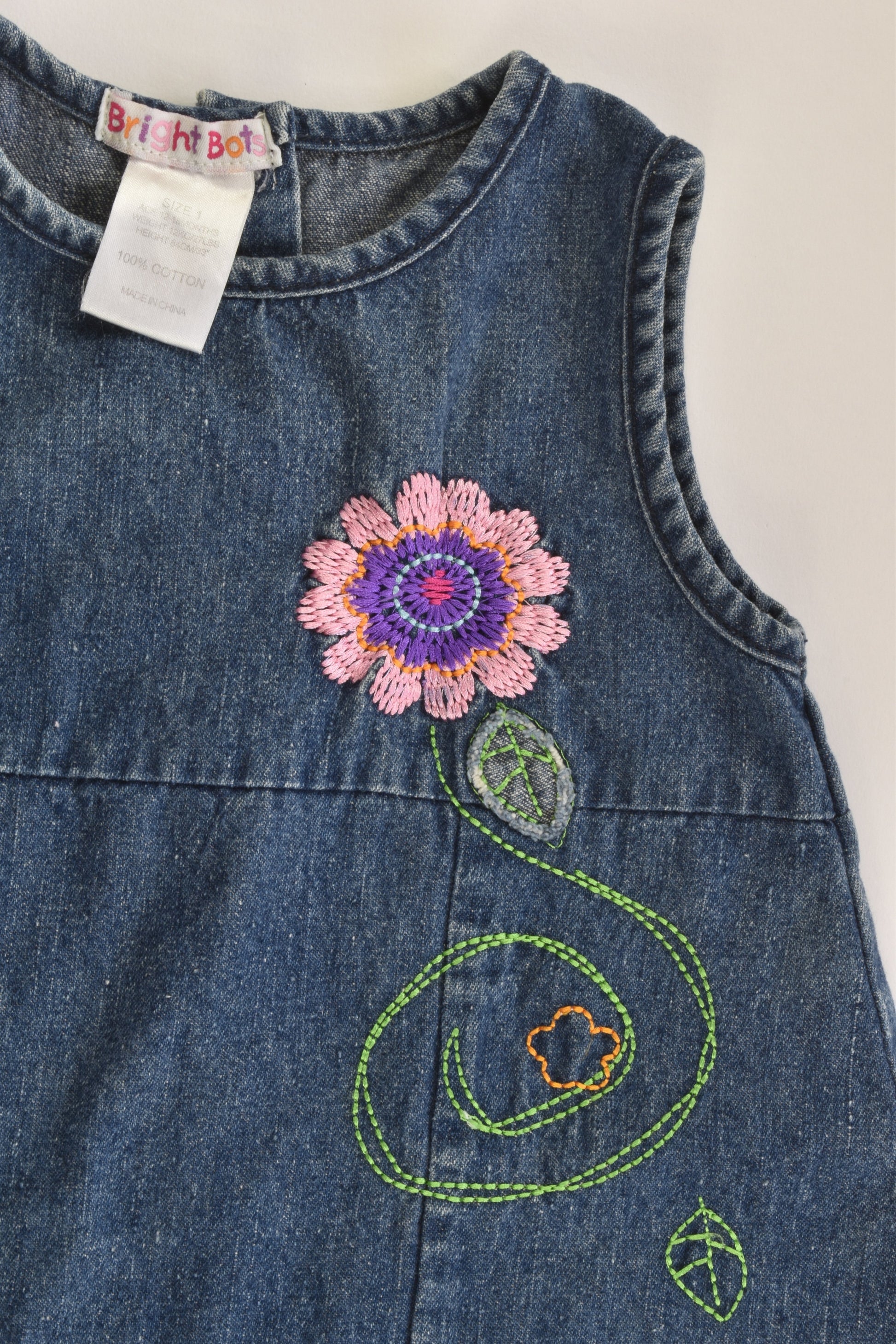 Bright Bots Size 1 Denim Dress with Floral Embroidery
