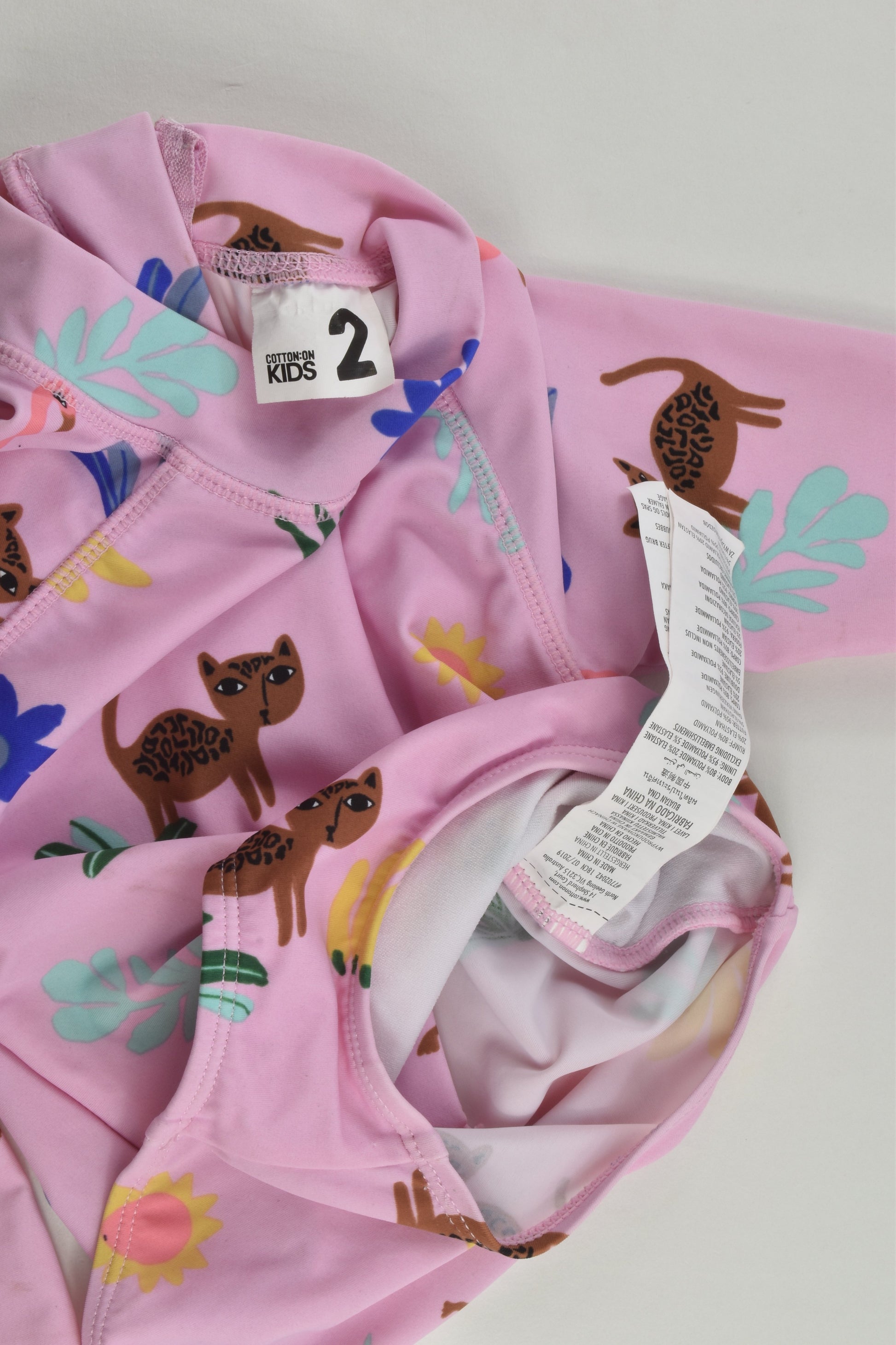 Cotton On Kids Size 2 Lined Lepard and Flamingo Rashie Swim Suit