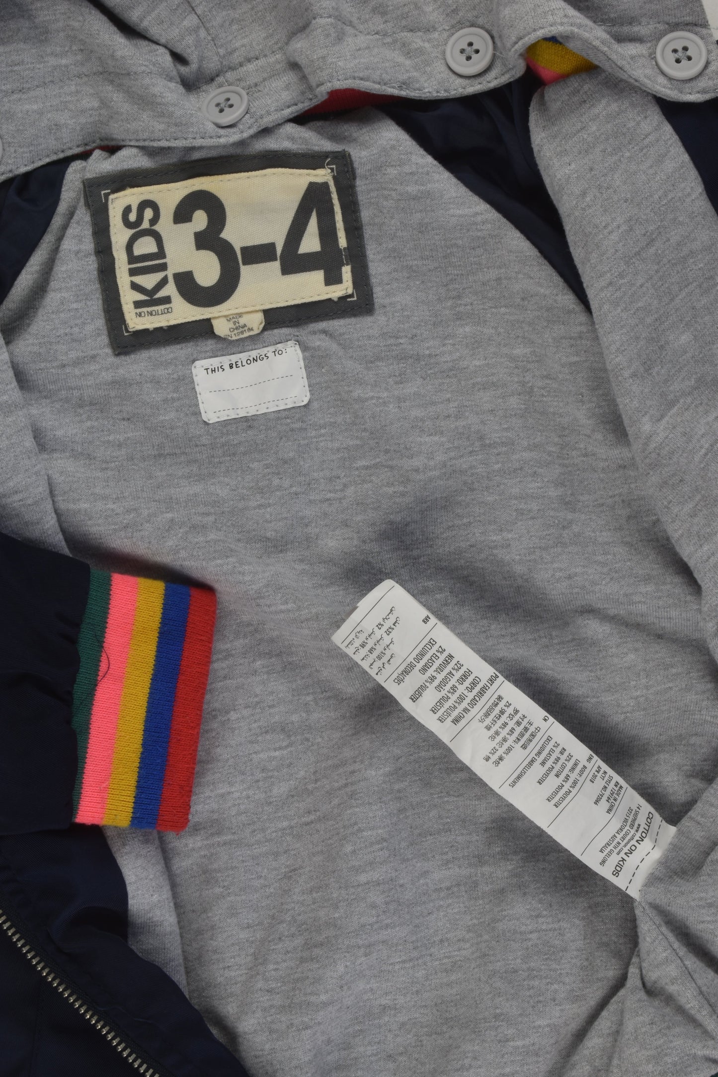 Cotton On Kids Size 3-4 Rainbow Stripes Hooded Jacket