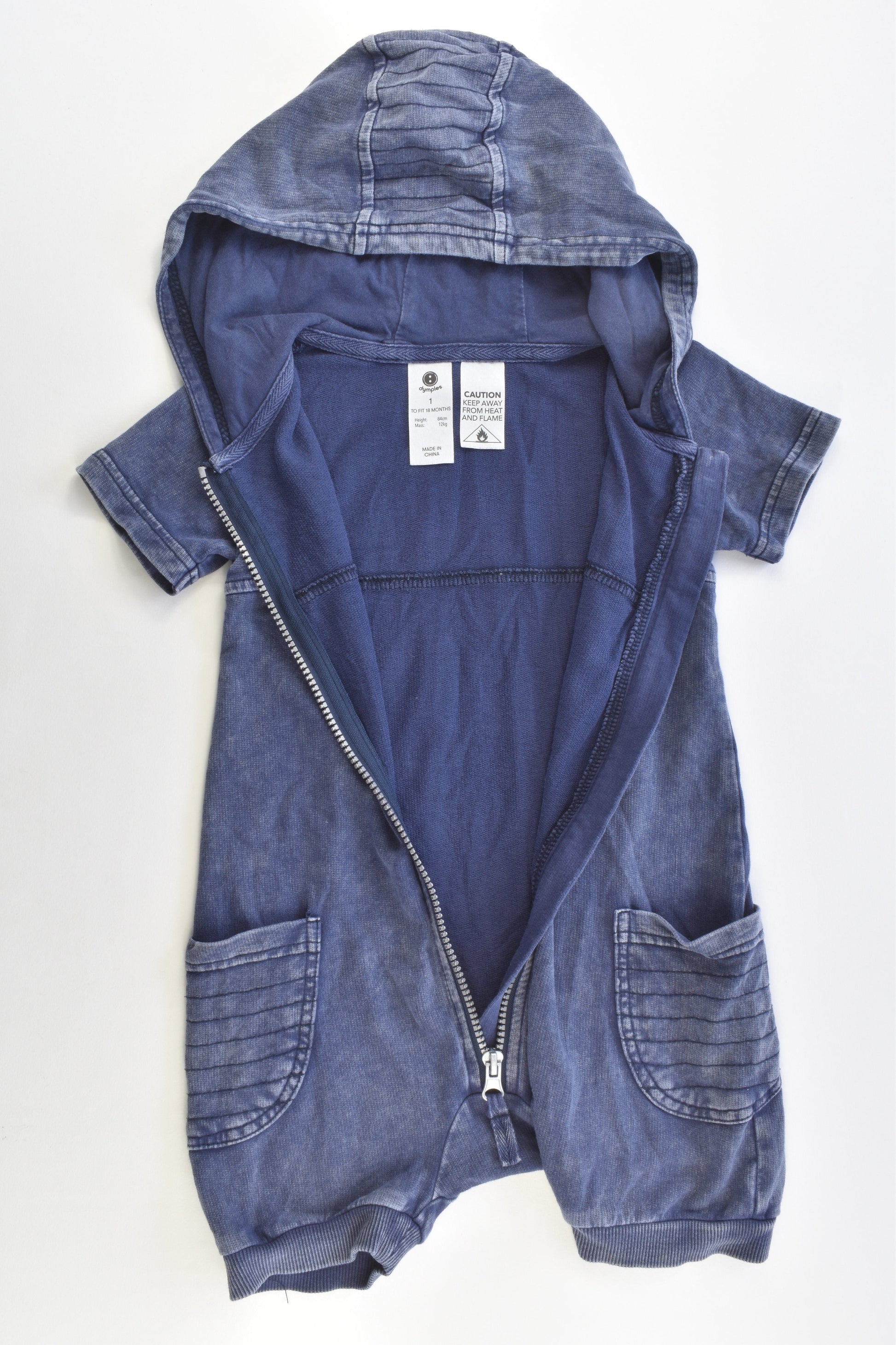 Dymples Size 1 (18 months, 84 cm) Denim-like Short Hooded Onesie