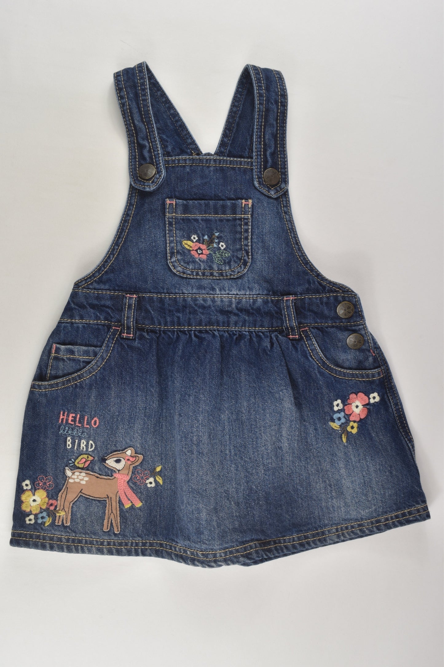 F&F Size 2 (18-24 months) 'Hello Little Bird' Denim Pinafore Dress