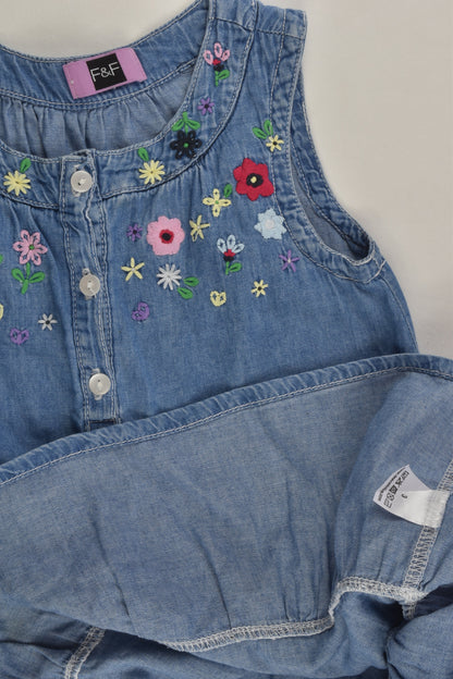 F&F Size 3 Lightweight Denim Dress with Floral Embroidery