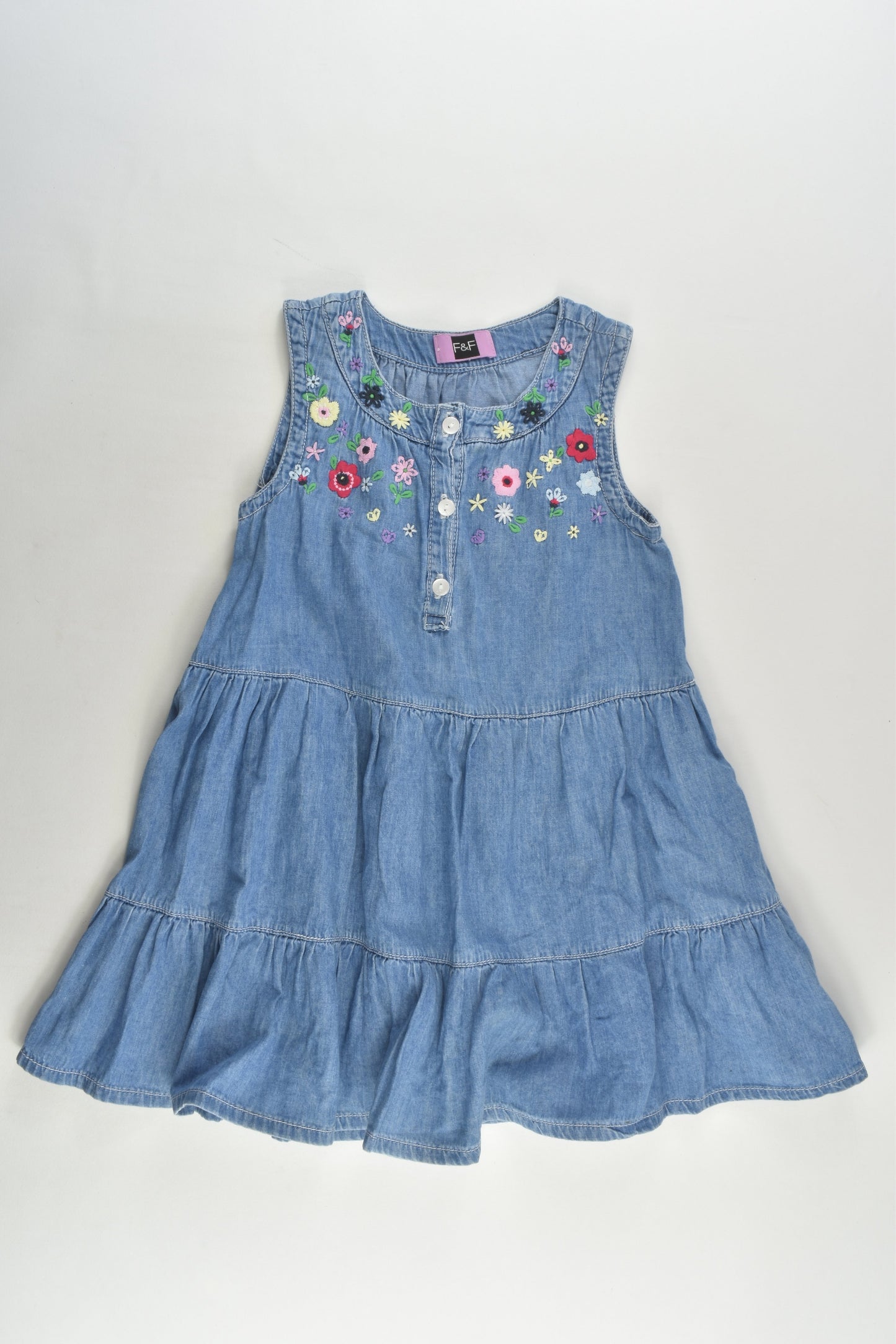 F&F Size 3 Lightweight Denim Dress with Floral Embroidery