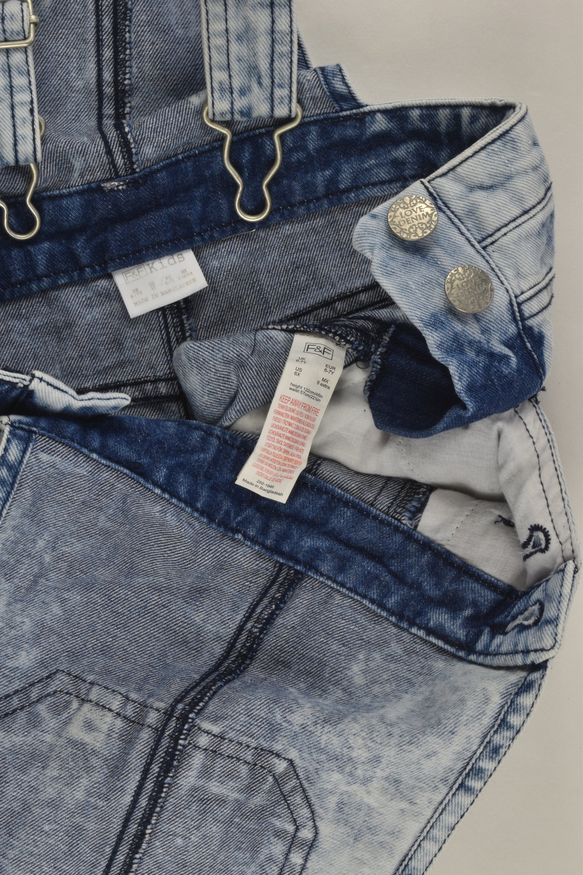 F&F Size 6-7 Acid Wash Short Denim Overalls