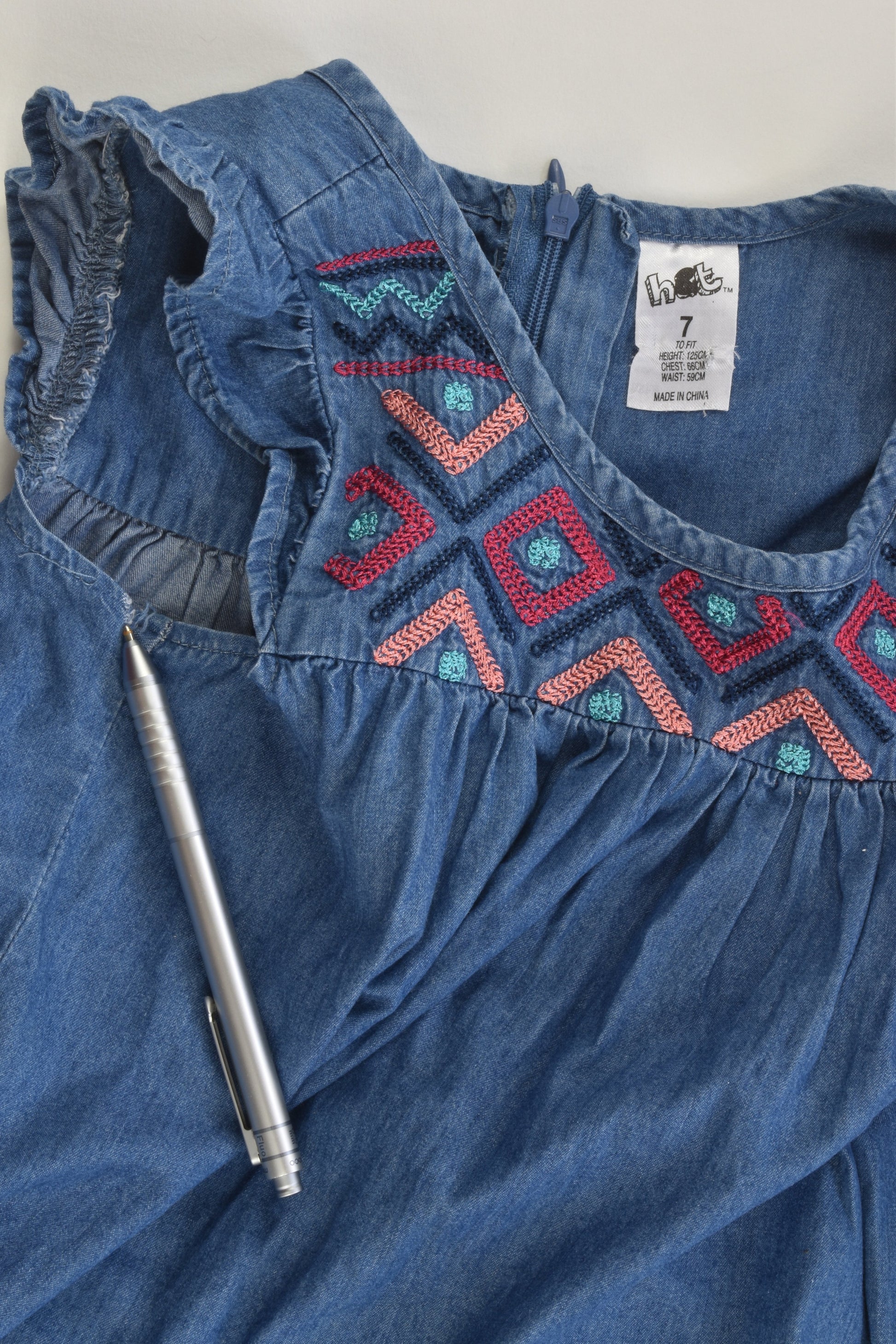 H&T Size 7 Lightweight Denim Dress with Embroidery
