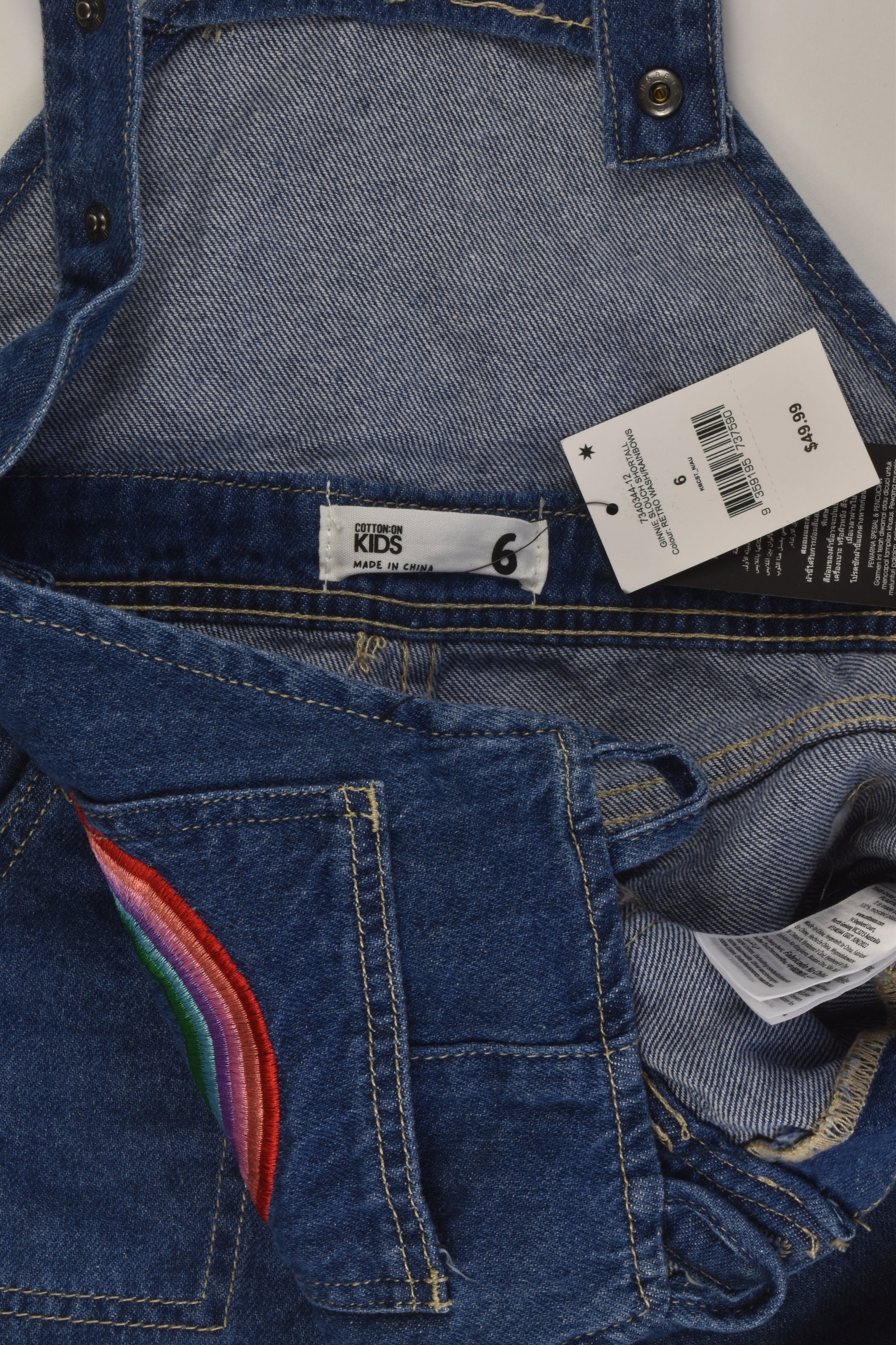 NEW Cotton On Kids Size 6 Rainbow Short Denim Overalls