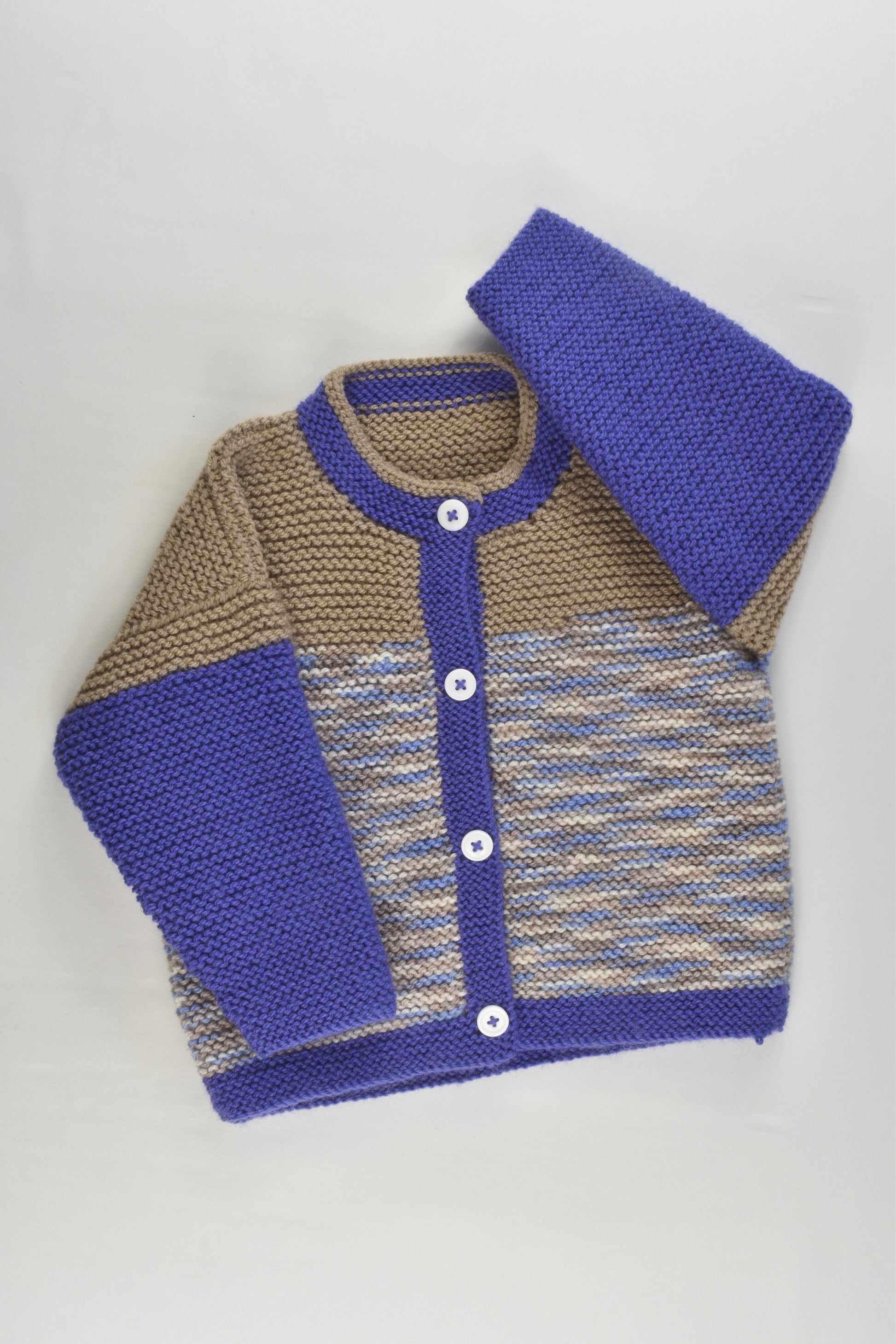 NEW Handmade Size approx 2-3 Blue and Beige Knitted Cardigan