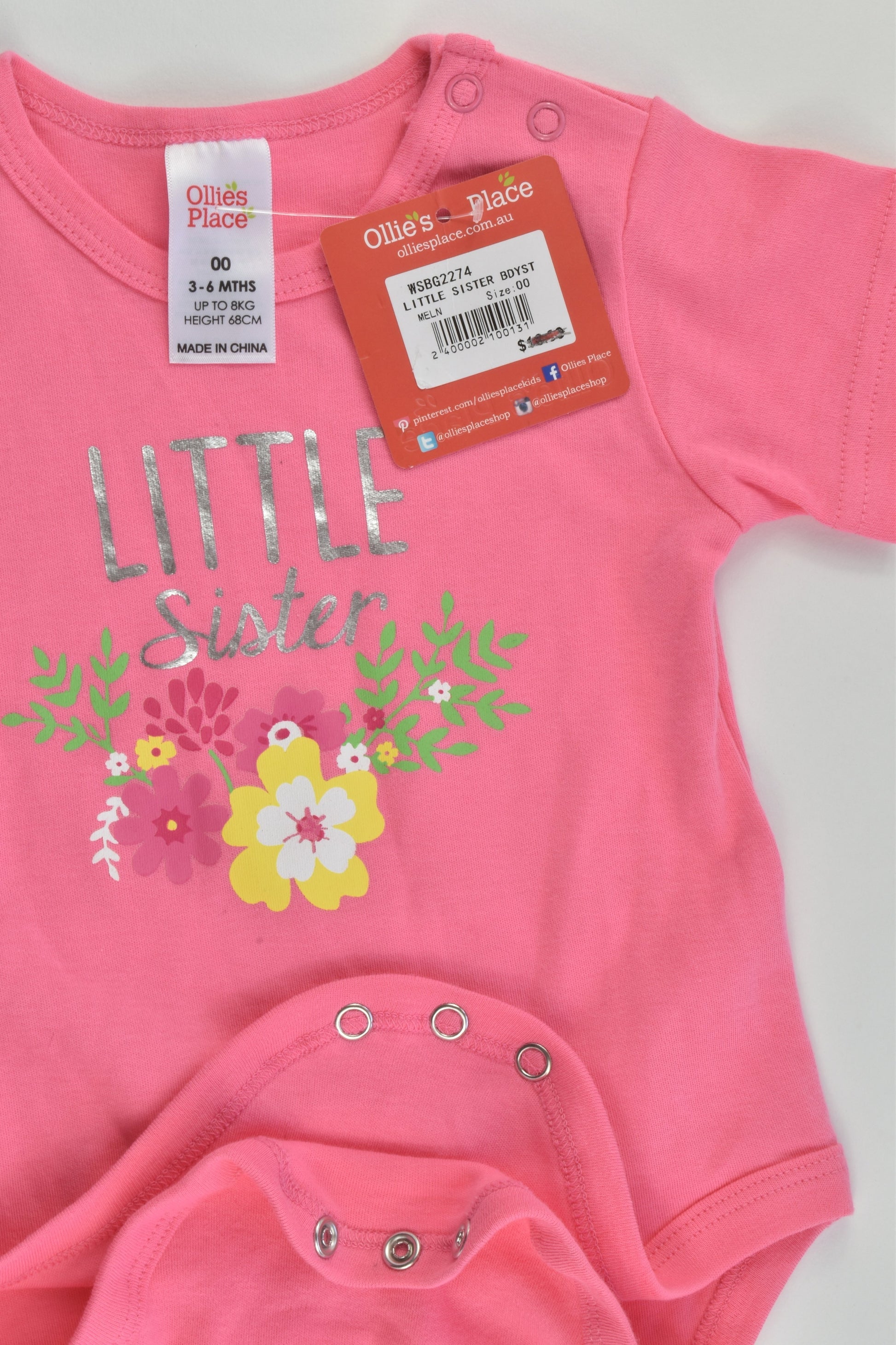 NEW Ollie's Place Size 00 (3-6 months) 'Little Sister' Bodysuit