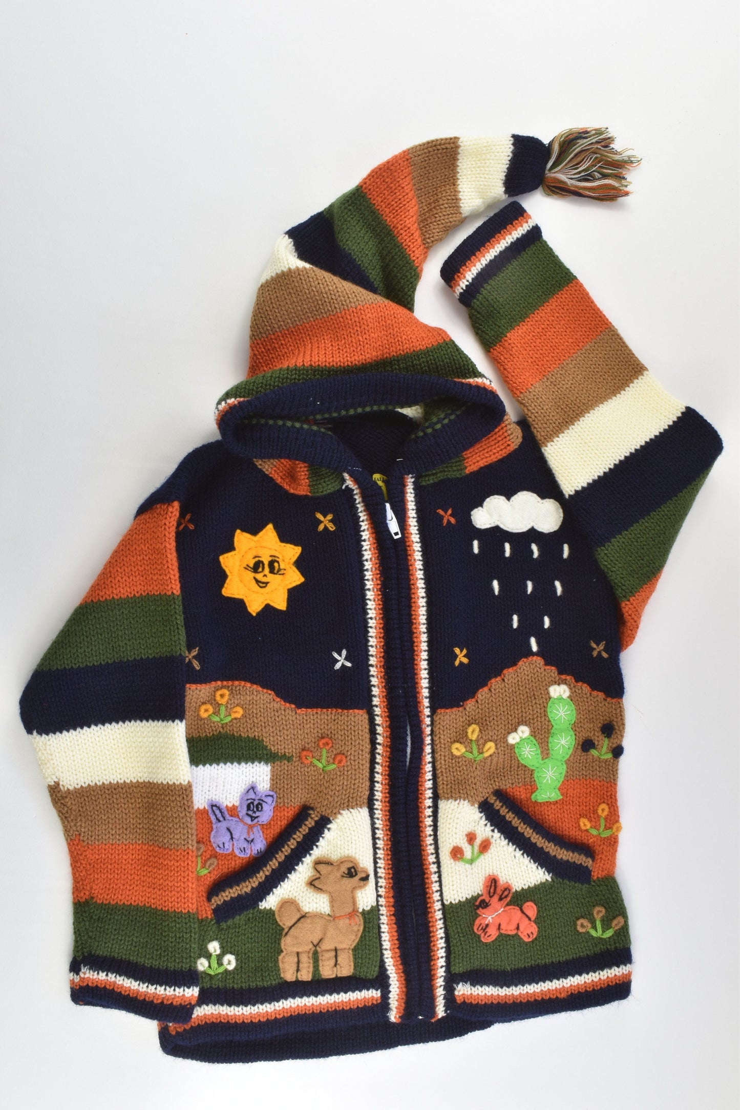 NEW Peruvian Handmade Size 6 Wool Jumper with Zip and Long Hood