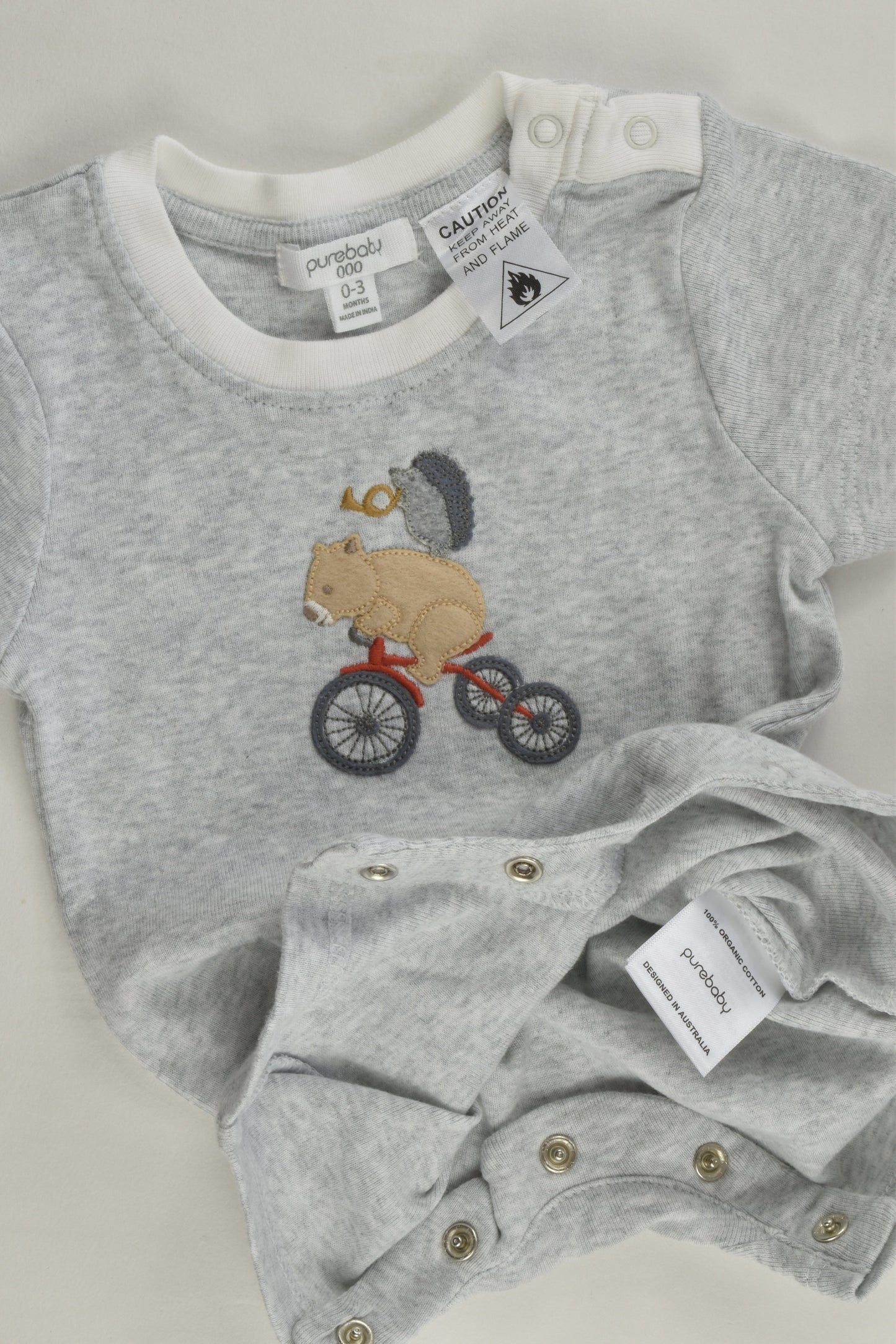 NEW Purebaby Size 000 Wombat and Hedgehog on Tricycle Short Romper
