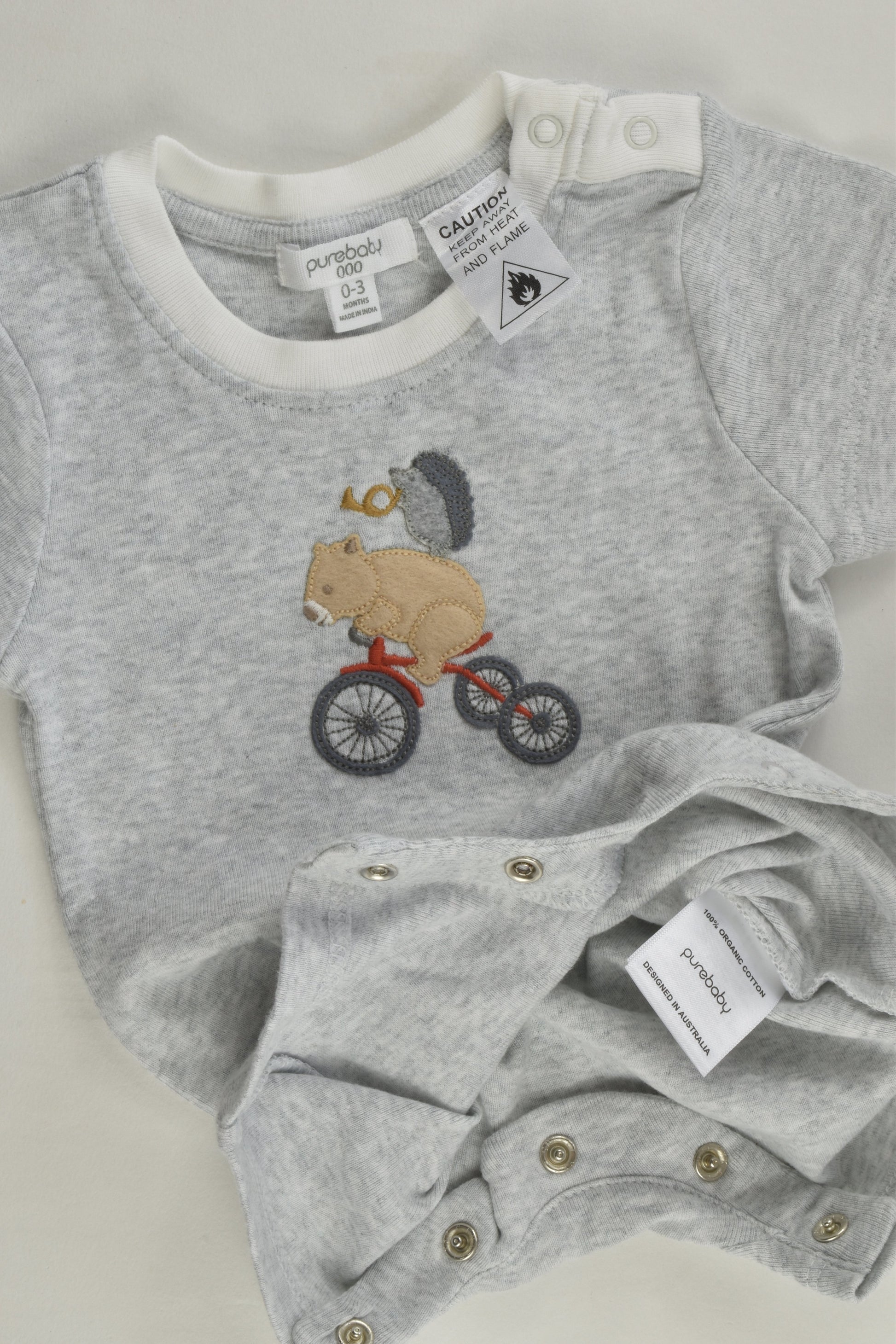NEW Purebaby Size 000 Wombat and Hedgehog on Tricycle Short Romper