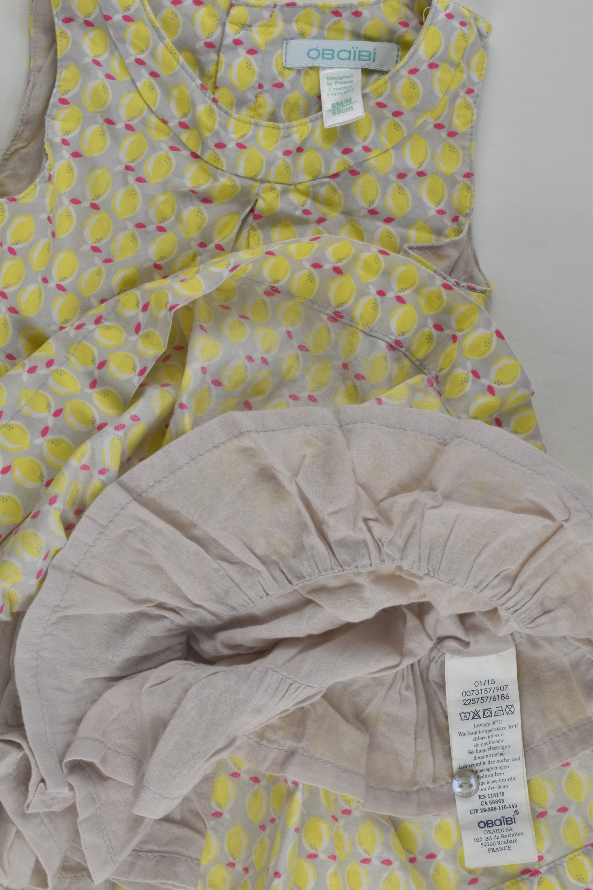 Obaïbi Size 00 (6M, 68 cm) Lined Lemon Dress
