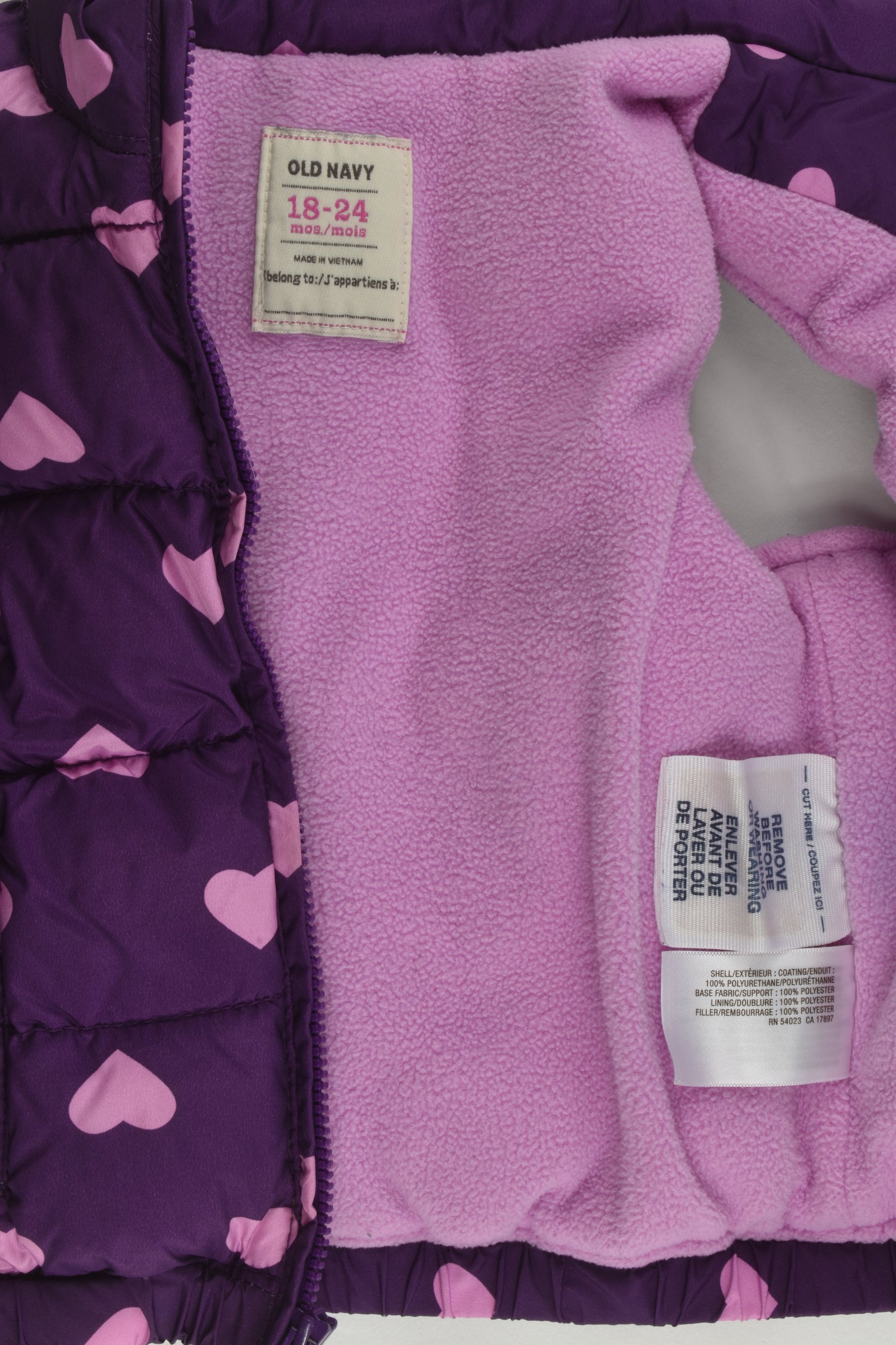 Old Navy Size 1-2 (18-24 months) Fleece Lined Love Hearts Puffer Vest
