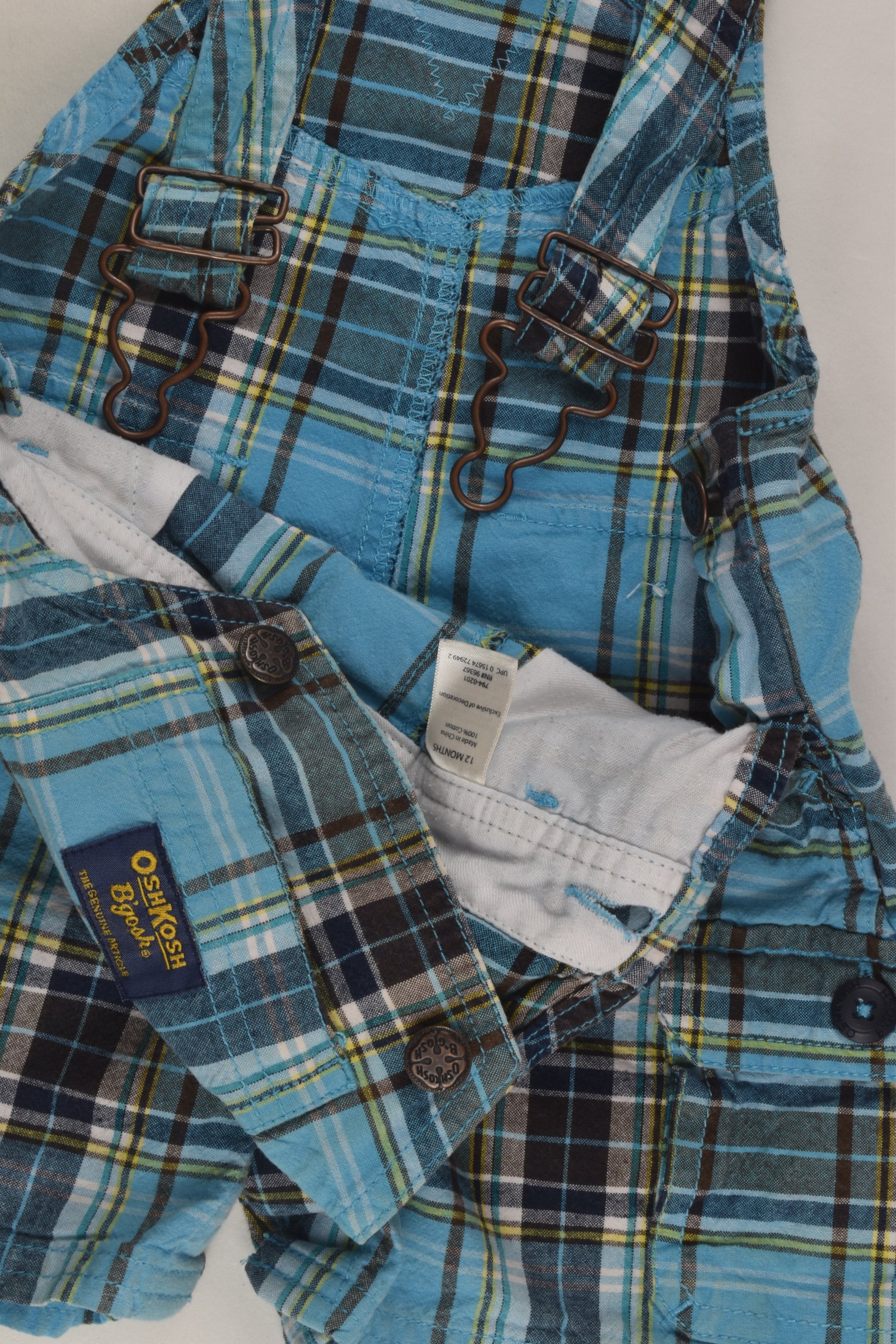 OshKosh Size 0 (12 months) Checked Short Overalls