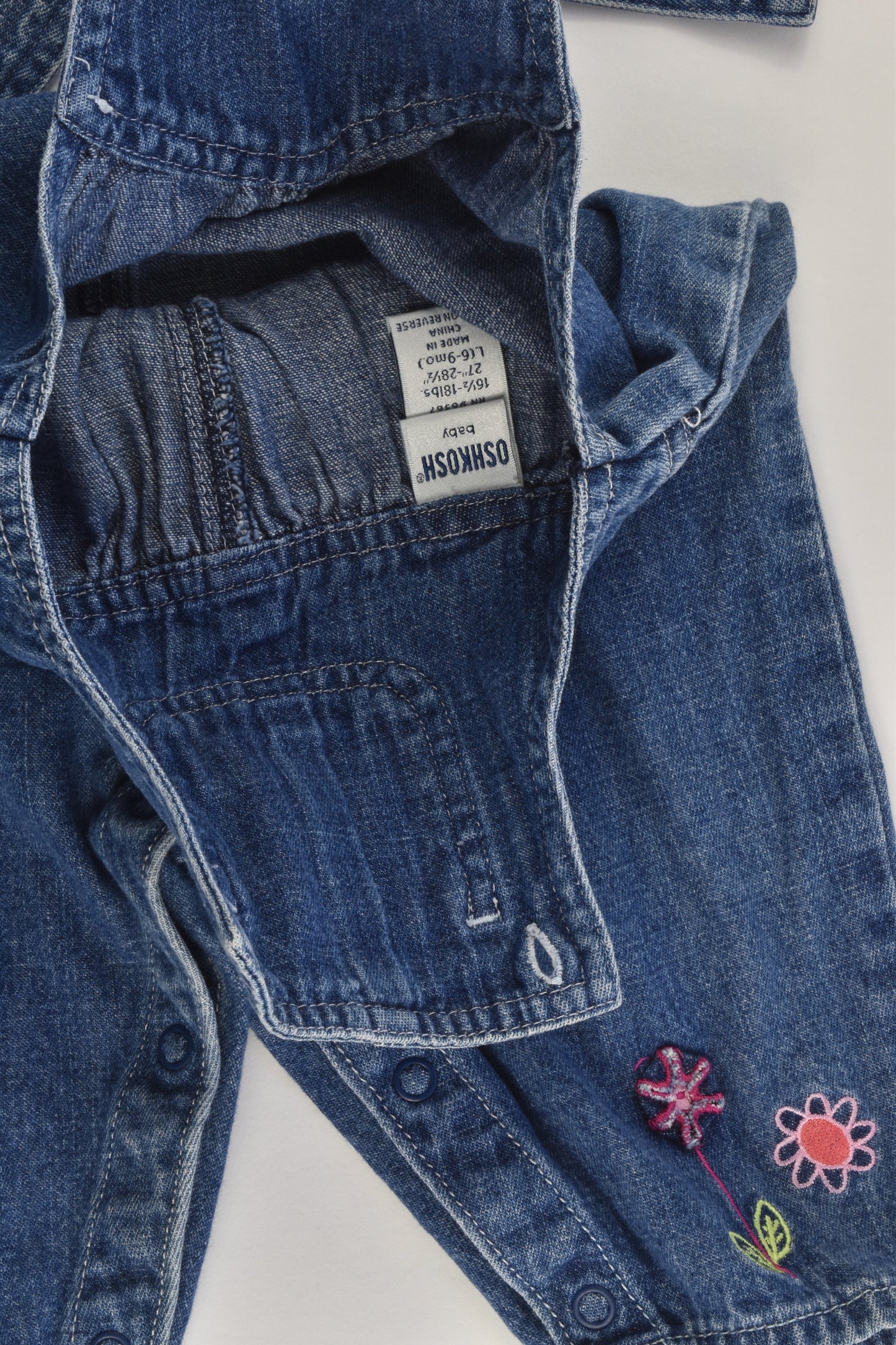 OshKosh Size 0 (6-9 months) Floral Embroidery Denim Overalls