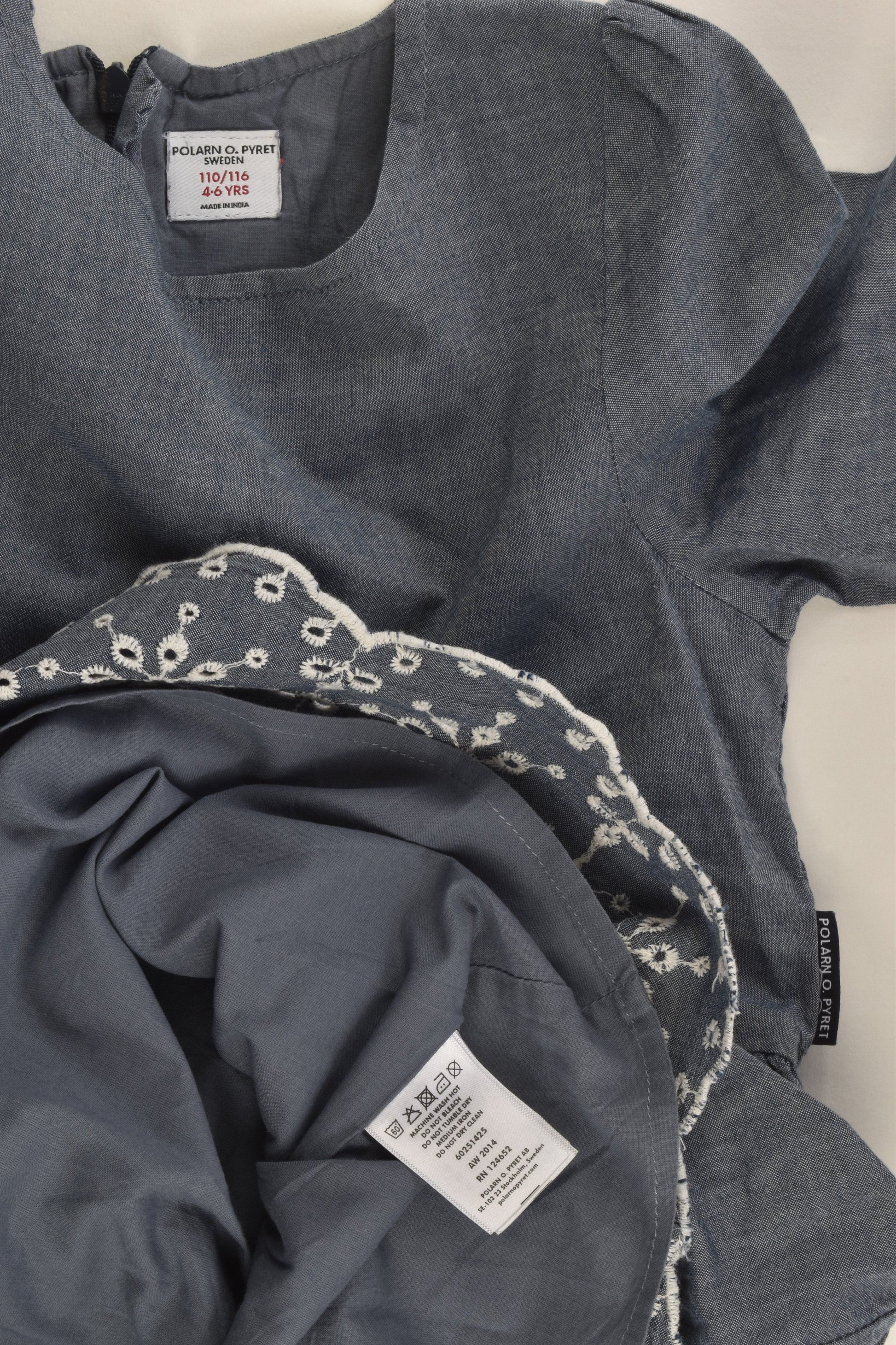 Polarn O. Pyret Size 4-6 Lined Lightweight Denim Dress with Lace Details