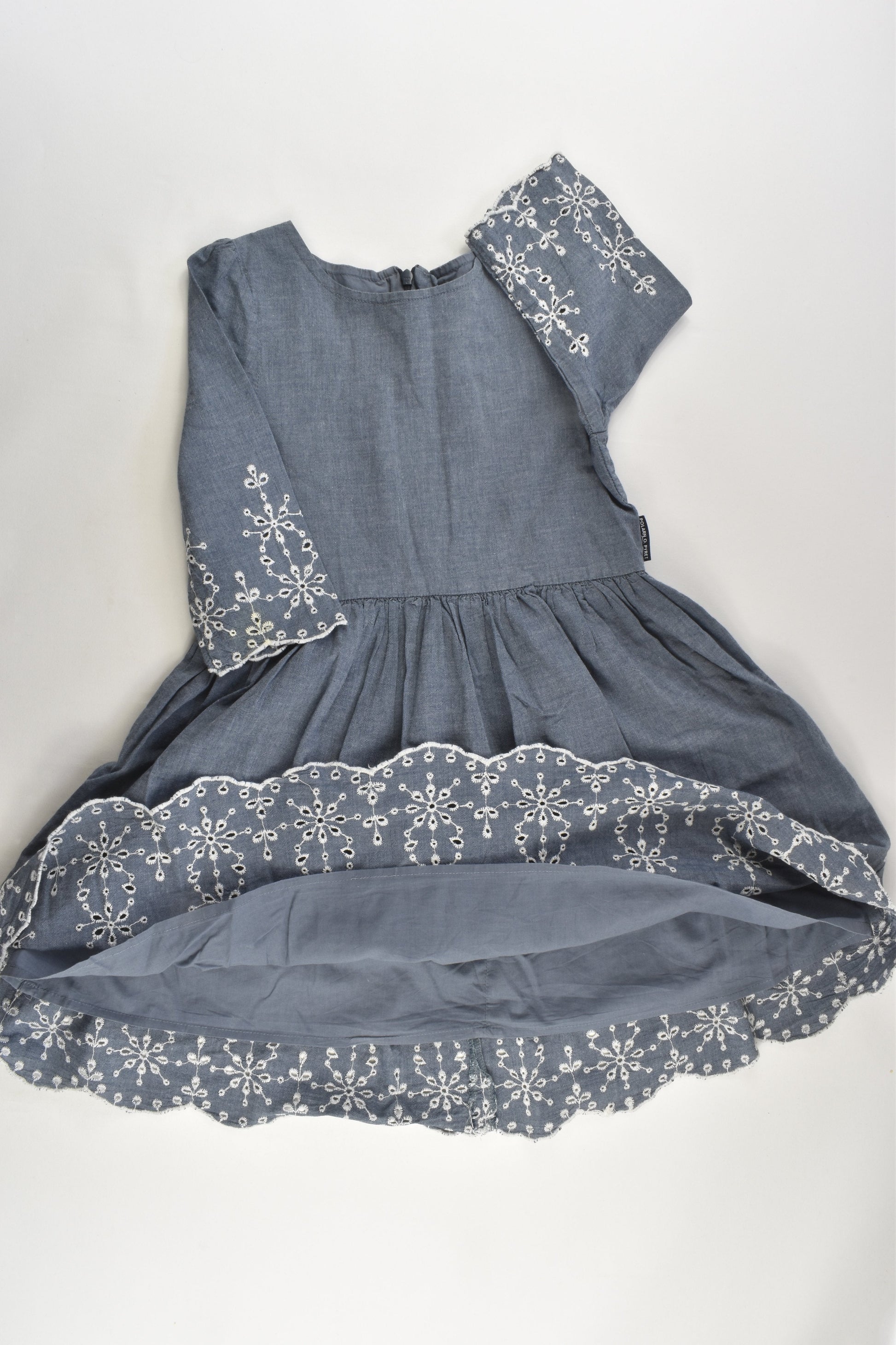 Polarn O. Pyret Size 4-6 Lined Lightweight Denim Dress with Lace Details