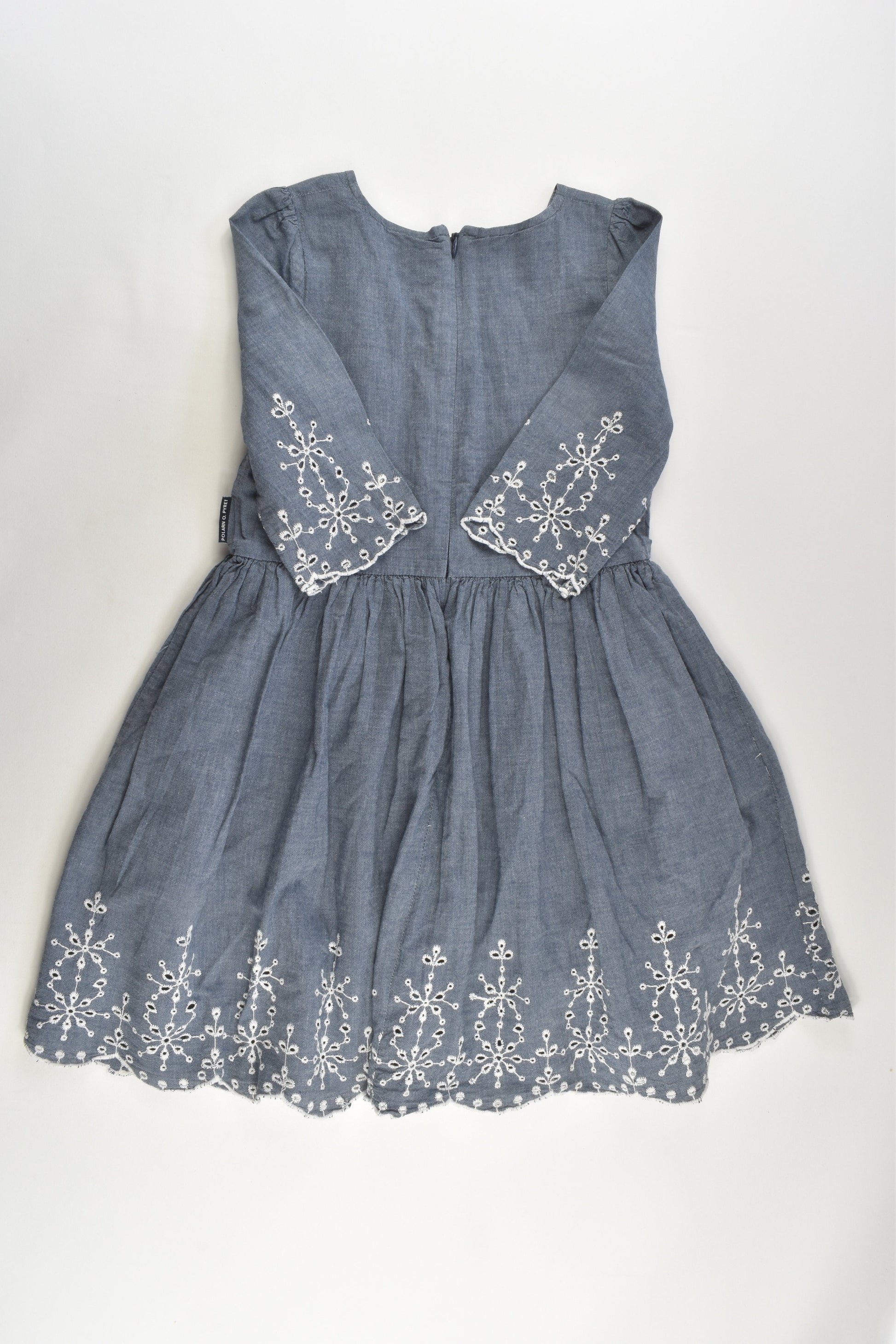 Polarn O. Pyret Size 4-6 Lined Lightweight Denim Dress with Lace Details